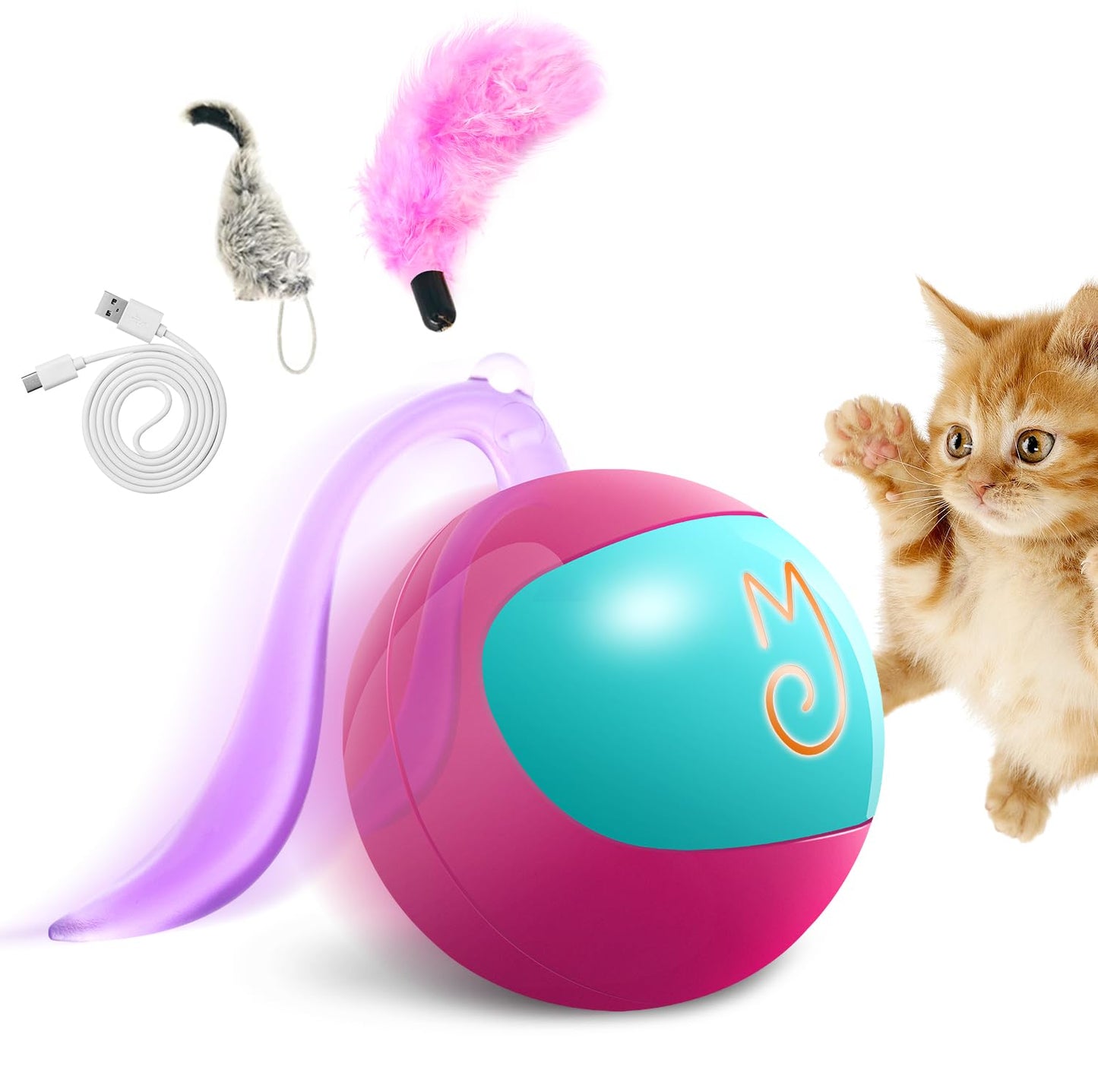 Migipaws Interactive Cat Ball Toy Set, Fun Tracker, Automatic Rolling Chase Ball with Fluffy Tail, A Small Mice, Rechargeable（White）