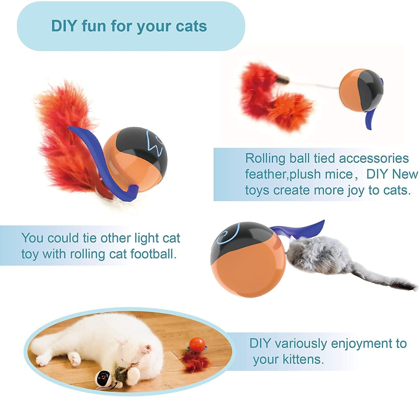 Migipaws Interactive Cat Ball Toy Set, Fun Tracker, Automatic Rolling Chase Ball with Fluffy Tail, A Small Mice, Rechargeable（White）