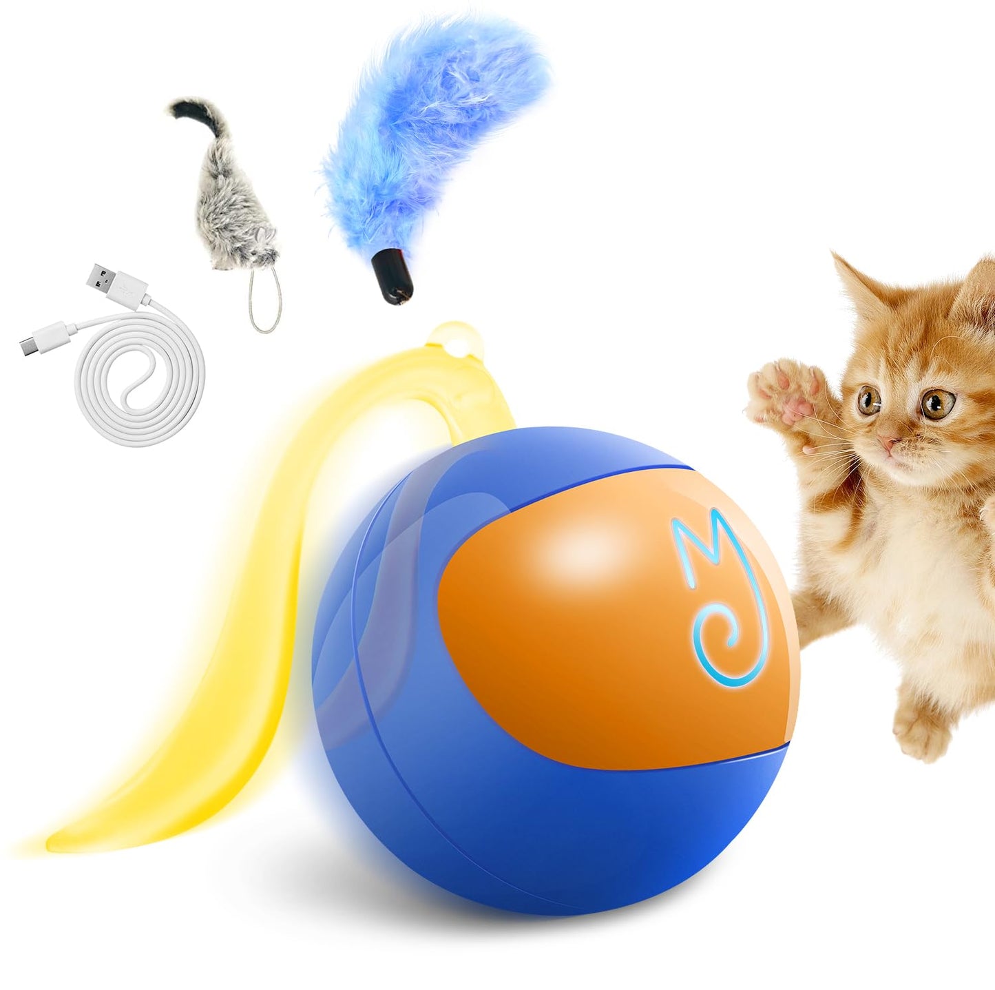 Migipaws Interactive Cat Ball Toy Set, Fun Tracker, Automatic Rolling Chase Ball with Fluffy Tail, A Small Mice, Rechargeable（White）