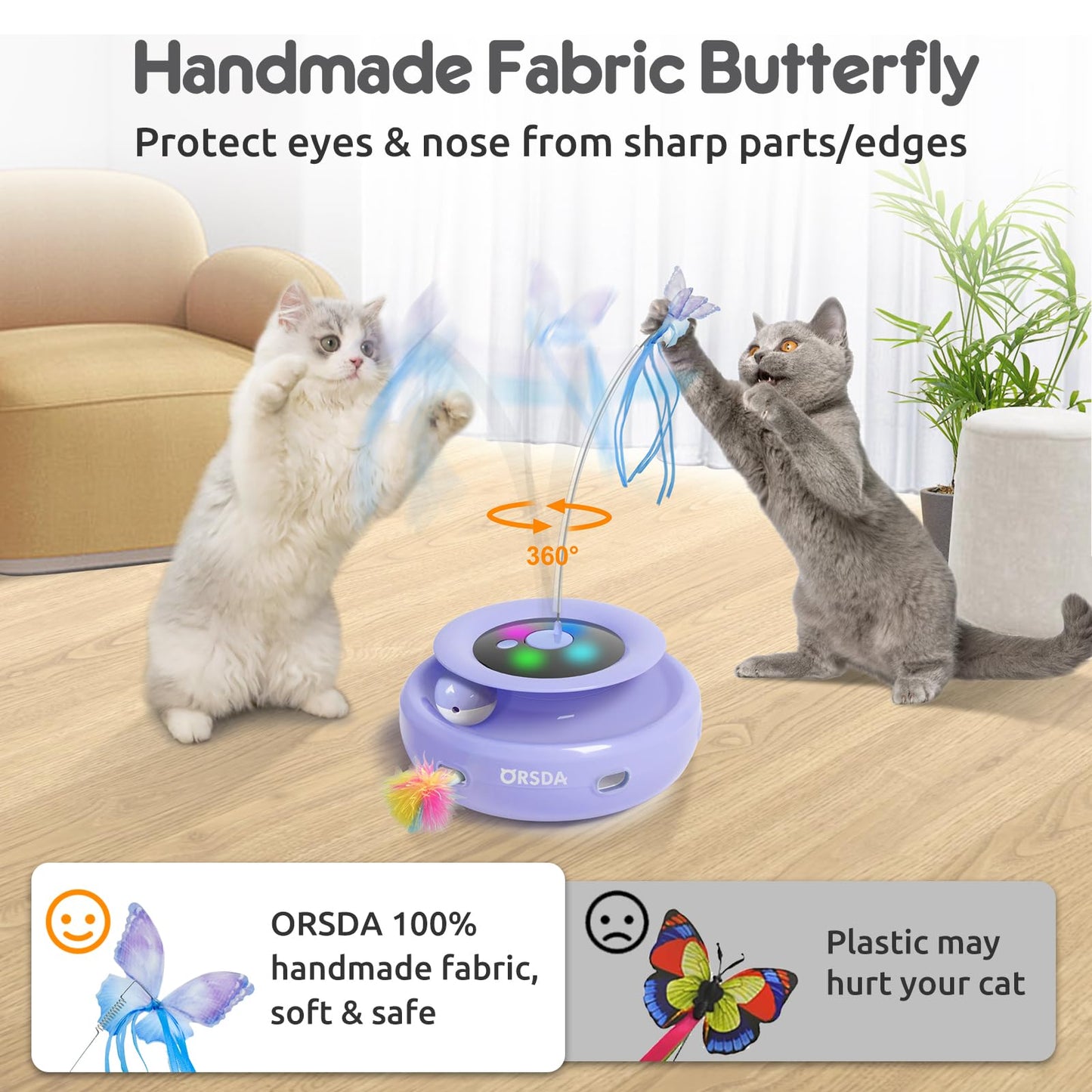 ORSDA Cat Toy, 3-in-1 Automatic Cat Toys for Indoor Cats, Electronic Whack a Mole, Fluttering Butterfly,Track Balls Kitten Toy, Rechargeable Power Interactive Feather Toys for All Breeds