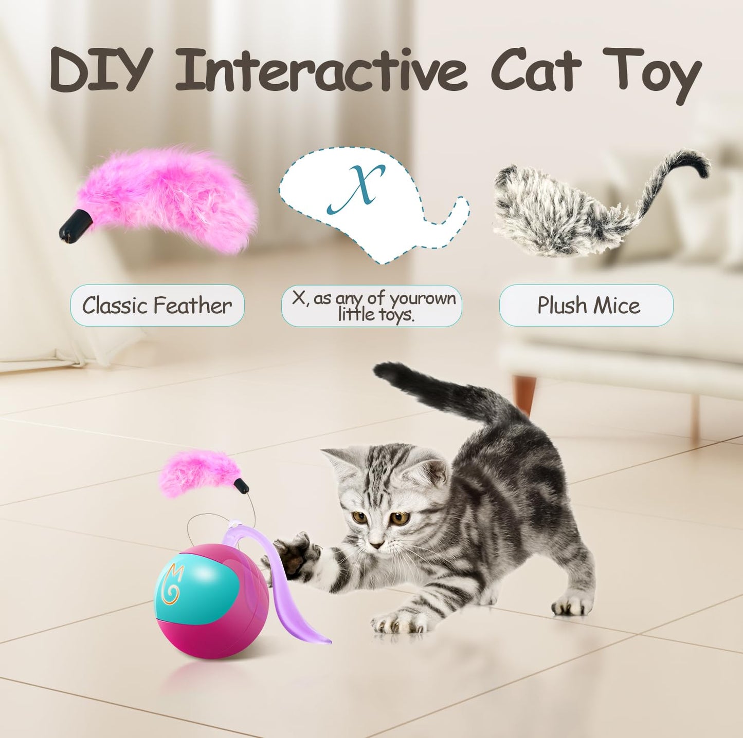 Migipaws Interactive Cat Ball Toy Set, Fun Tracker, Automatic Rolling Chase Ball with Fluffy Tail, A Small Mice, Rechargeable（White）