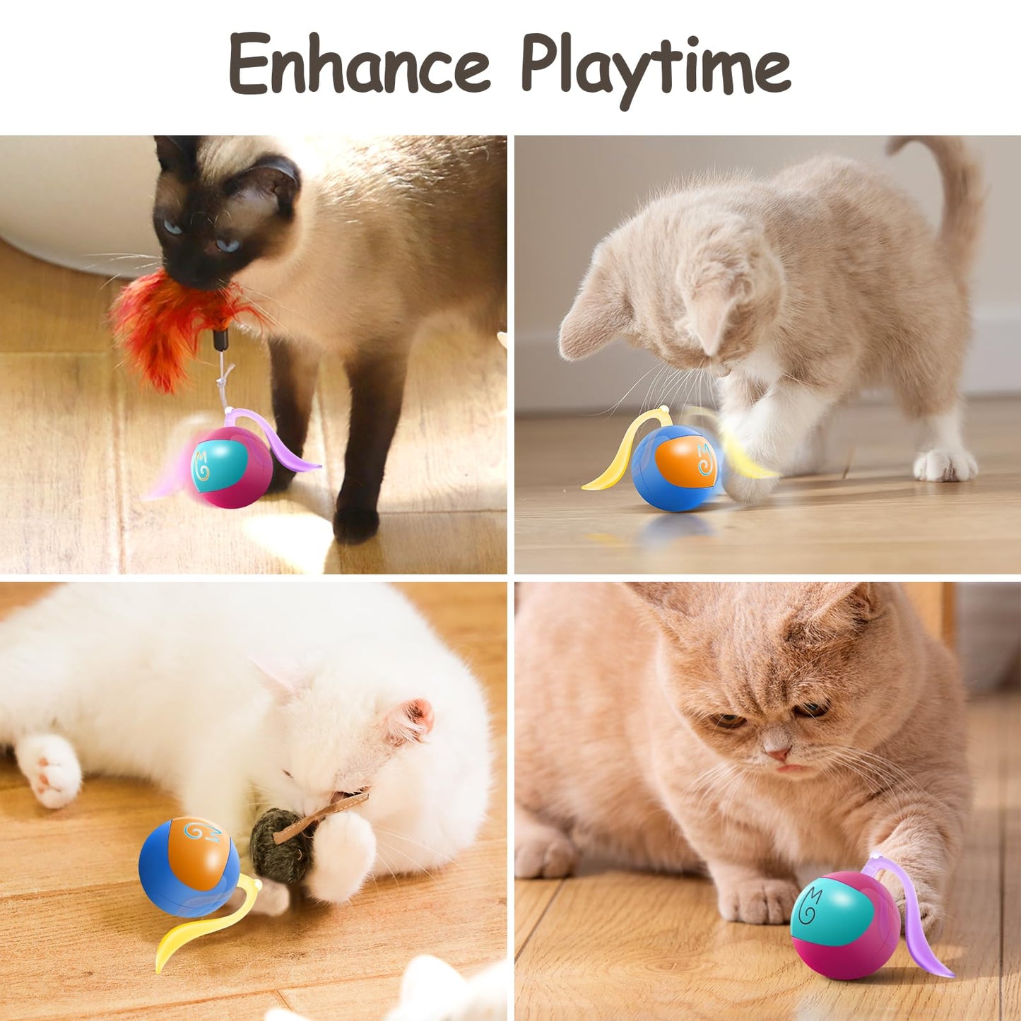 Migipaws Interactive Cat Ball Toy Set, Fun Tracker, Automatic Rolling Chase Ball with Fluffy Tail, A Small Mice, Rechargeable（White）