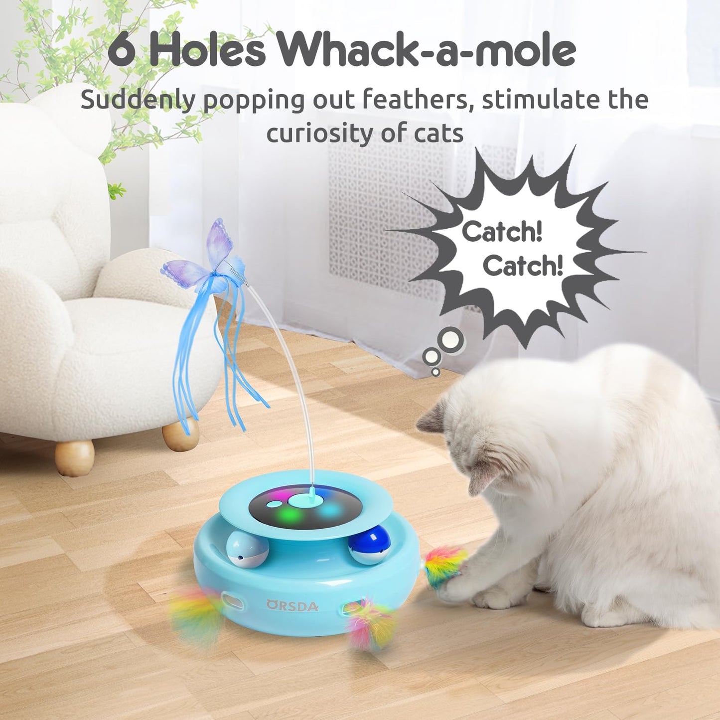 ORSDA Cat Toy, 3-in-1 Automatic Cat Toys for Indoor Cats, Electronic Whack a Mole, Fluttering Butterfly,Track Balls Kitten Toy, Rechargeable Power Interactive Feather Toys for All Breeds