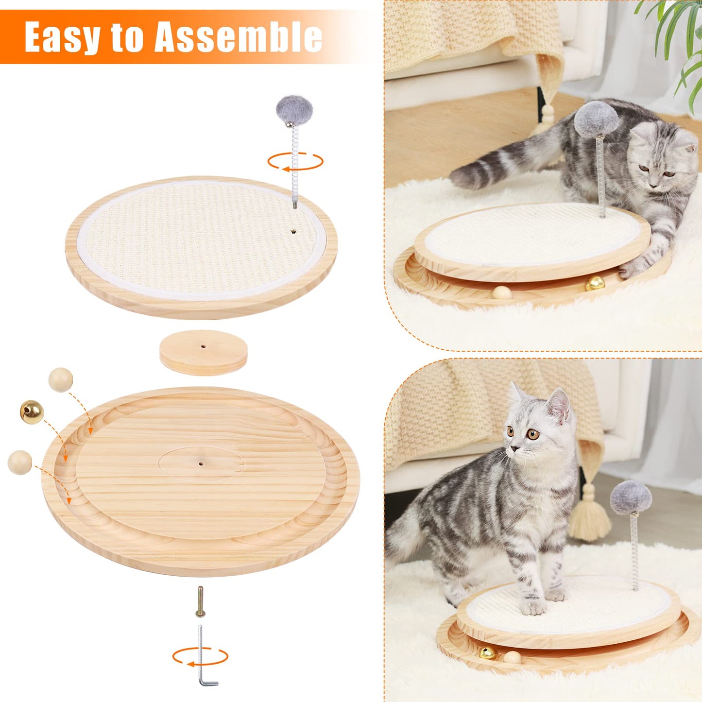 Cat Scratcher, Cat Natural Sisal Scratching Pad, Kitten Interactive Toy with Ball Track Spring Ball for Chasing Hunting Mental Physical Exercise Puzzle