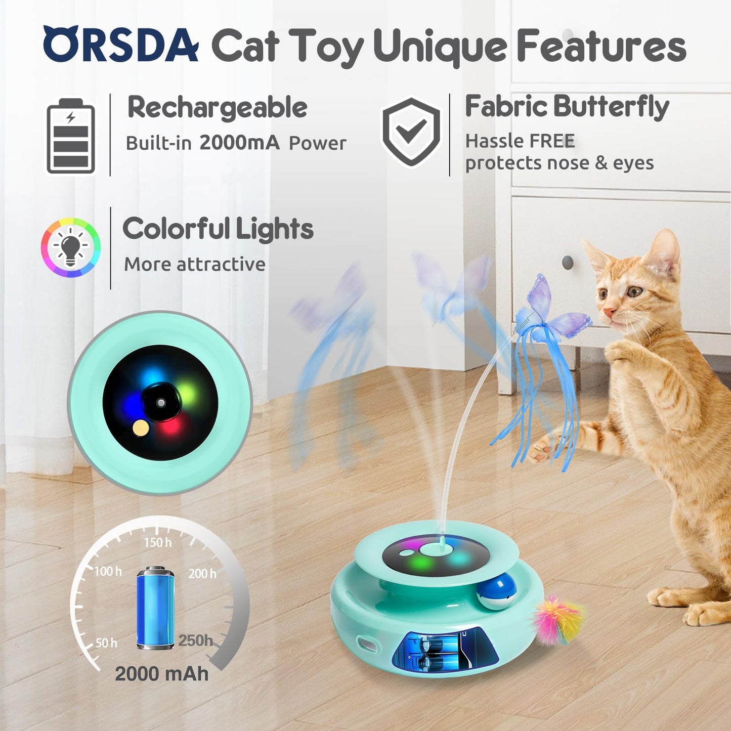 ORSDA Cat Toy, 3-in-1 Automatic Cat Toys for Indoor Cats, Electronic Whack a Mole, Fluttering Butterfly,Track Balls Kitten Toy, Rechargeable Power Interactive Feather Toys for All Breeds