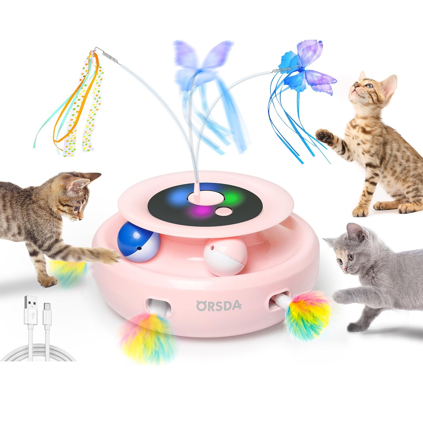 ORSDA Cat Toy, 3-in-1 Automatic Cat Toys for Indoor Cats, Electronic Whack a Mole, Fluttering Butterfly,Track Balls Kitten Toy, Rechargeable Power Interactive Feather Toys for All Breeds