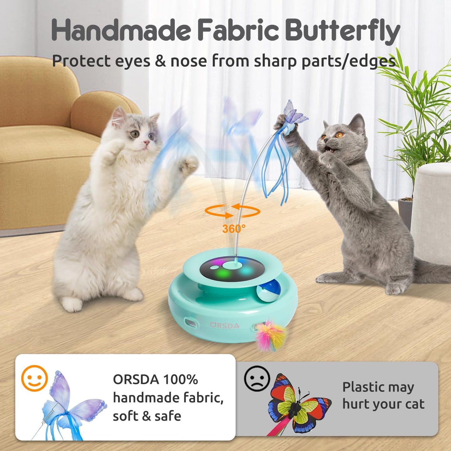 ORSDA Cat Toy, 3-in-1 Automatic Cat Toys for Indoor Cats, Electronic Whack a Mole, Fluttering Butterfly,Track Balls Kitten Toy, Rechargeable Power Interactive Feather Toys for All Breeds