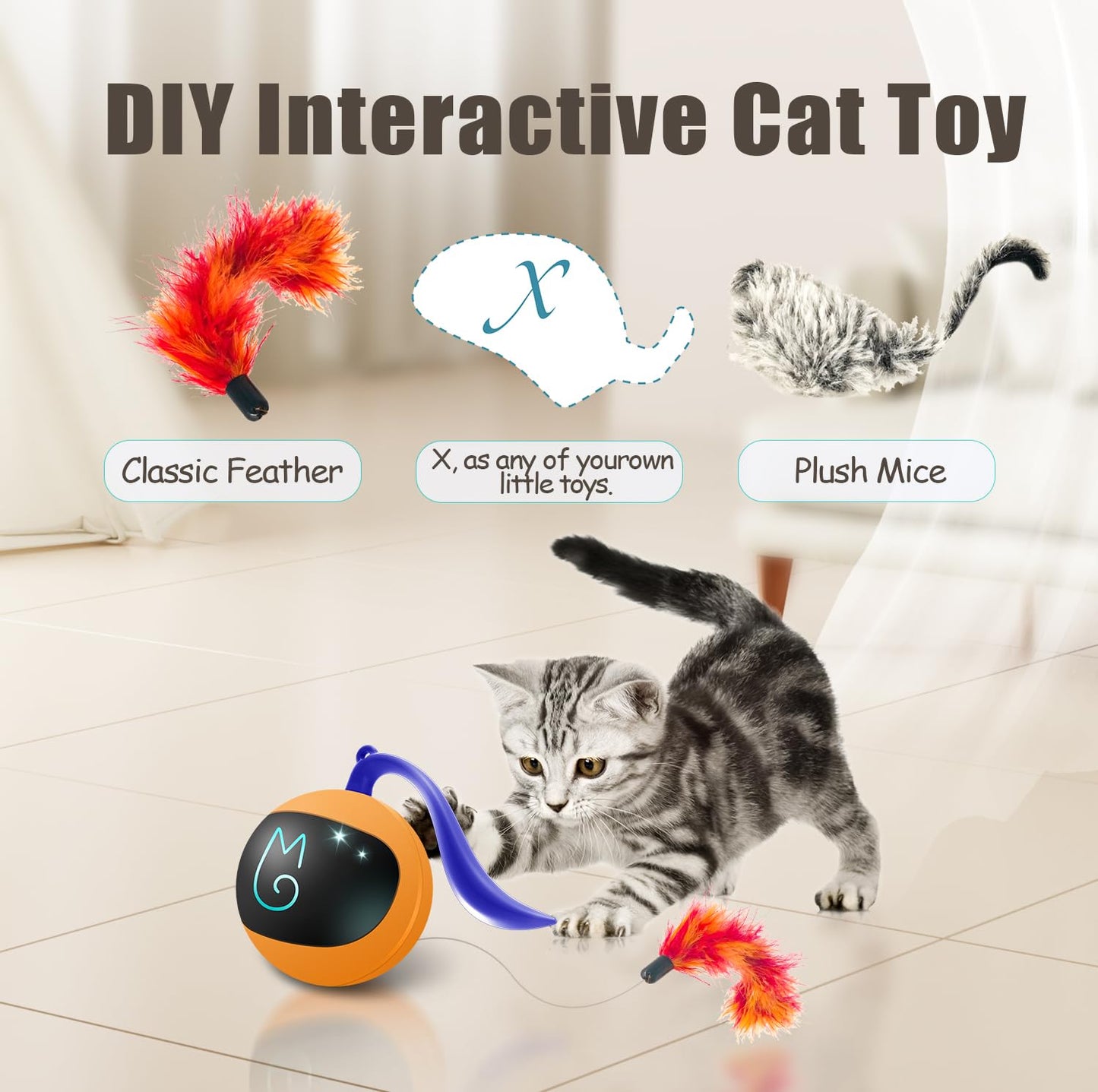 Migipaws Interactive Cat Ball Toy Set, Fun Tracker, Automatic Rolling Chase Ball with Fluffy Tail, A Small Mice, Rechargeable（White）