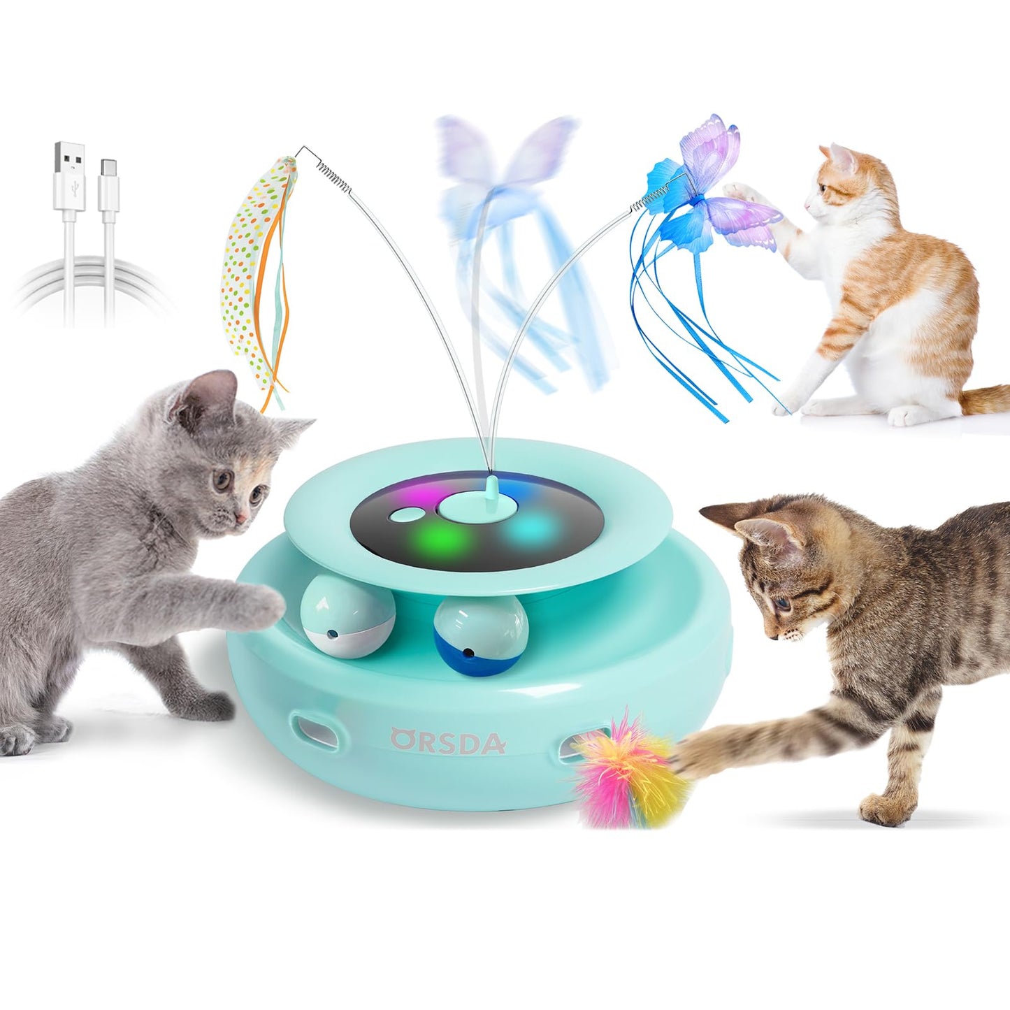 ORSDA Cat Toy, 3-in-1 Automatic Cat Toys for Indoor Cats, Electronic Whack a Mole, Fluttering Butterfly,Track Balls Kitten Toy, Rechargeable Power Interactive Feather Toys for All Breeds