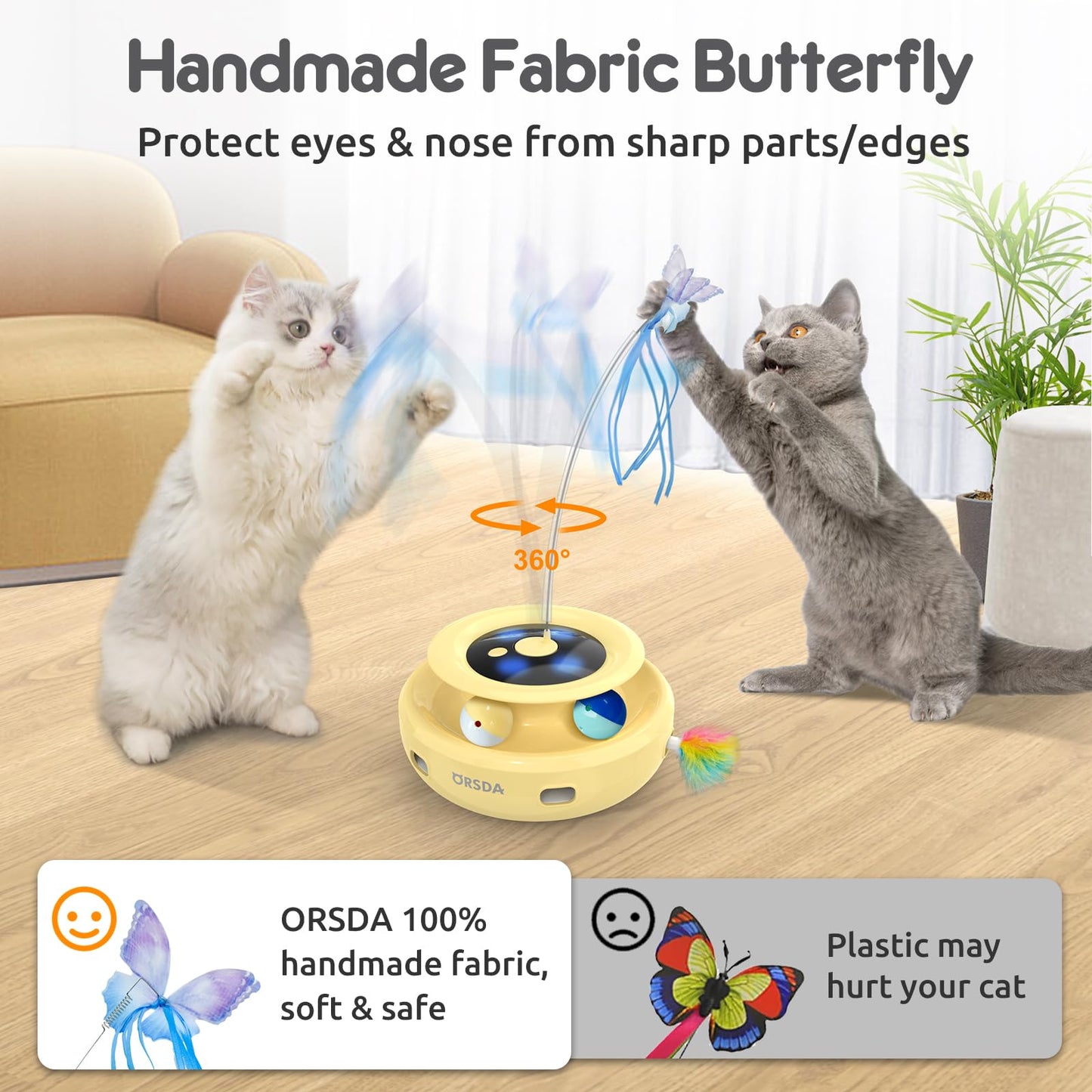 ORSDA Cat Toy, 3-in-1 Automatic Cat Toys for Indoor Cats, Electronic Whack a Mole, Fluttering Butterfly,Track Balls Kitten Toy, Rechargeable Power Interactive Feather Toys for All Breeds