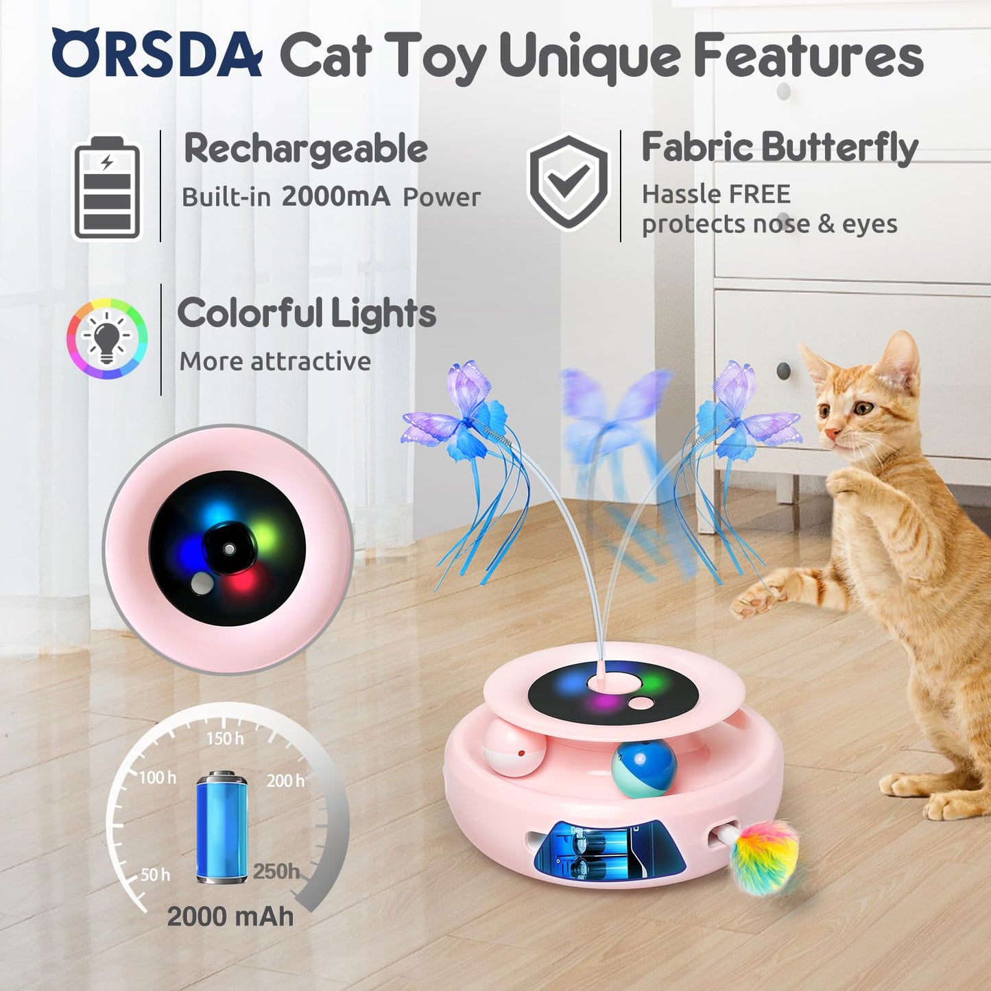 ORSDA Cat Toy, 3-in-1 Automatic Cat Toys for Indoor Cats, Electronic Whack a Mole, Fluttering Butterfly,Track Balls Kitten Toy, Rechargeable Power Interactive Feather Toys for All Breeds