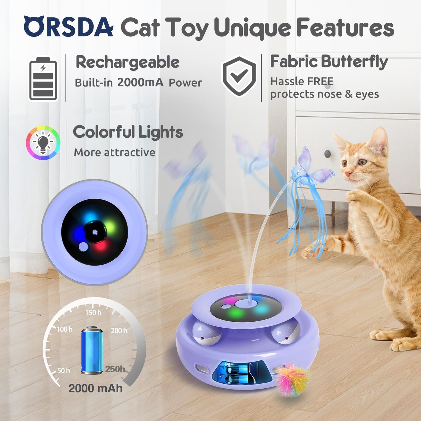 ORSDA Cat Toy, 3-in-1 Automatic Cat Toys for Indoor Cats, Electronic Whack a Mole, Fluttering Butterfly,Track Balls Kitten Toy, Rechargeable Power Interactive Feather Toys for All Breeds