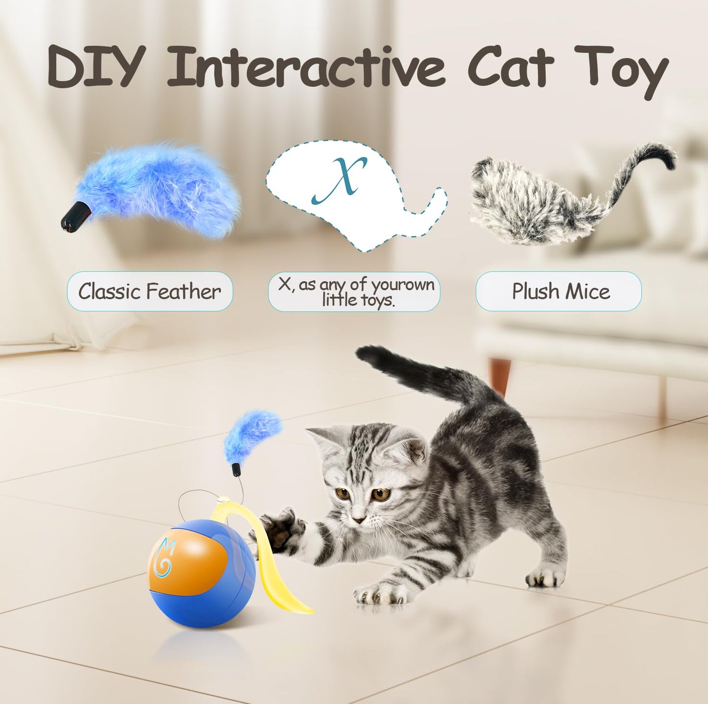 Migipaws Interactive Cat Ball Toy Set, Fun Tracker, Automatic Rolling Chase Ball with Fluffy Tail, A Small Mice, Rechargeable（White）