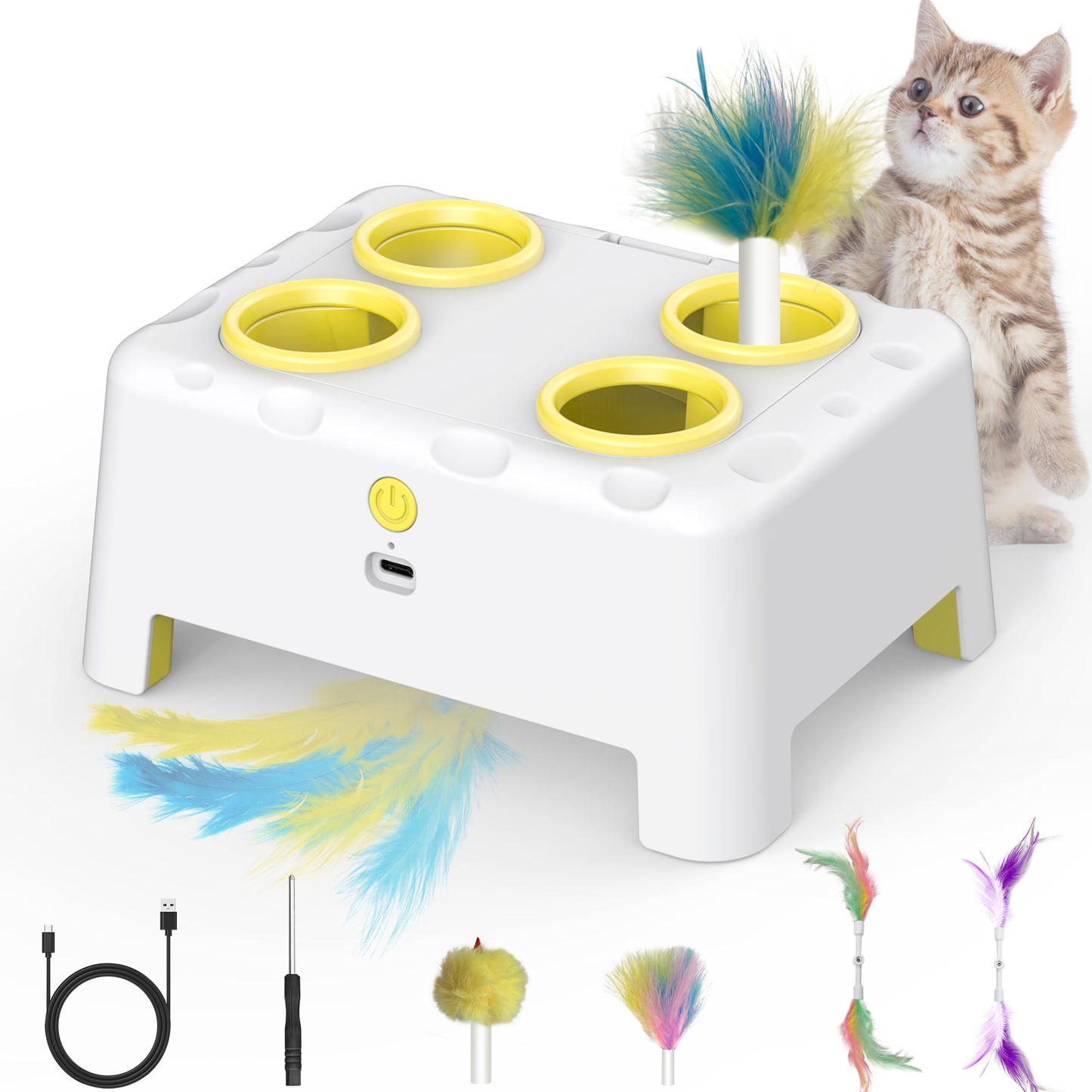 Interactive Cat Toys, 2-in-1 Automatic Cat Toy, 4 Holes Mice Whack A Mole Cat Mouse Toy with Moving Feather, Portable USB Rechargeable Electronic Kitten Toys White