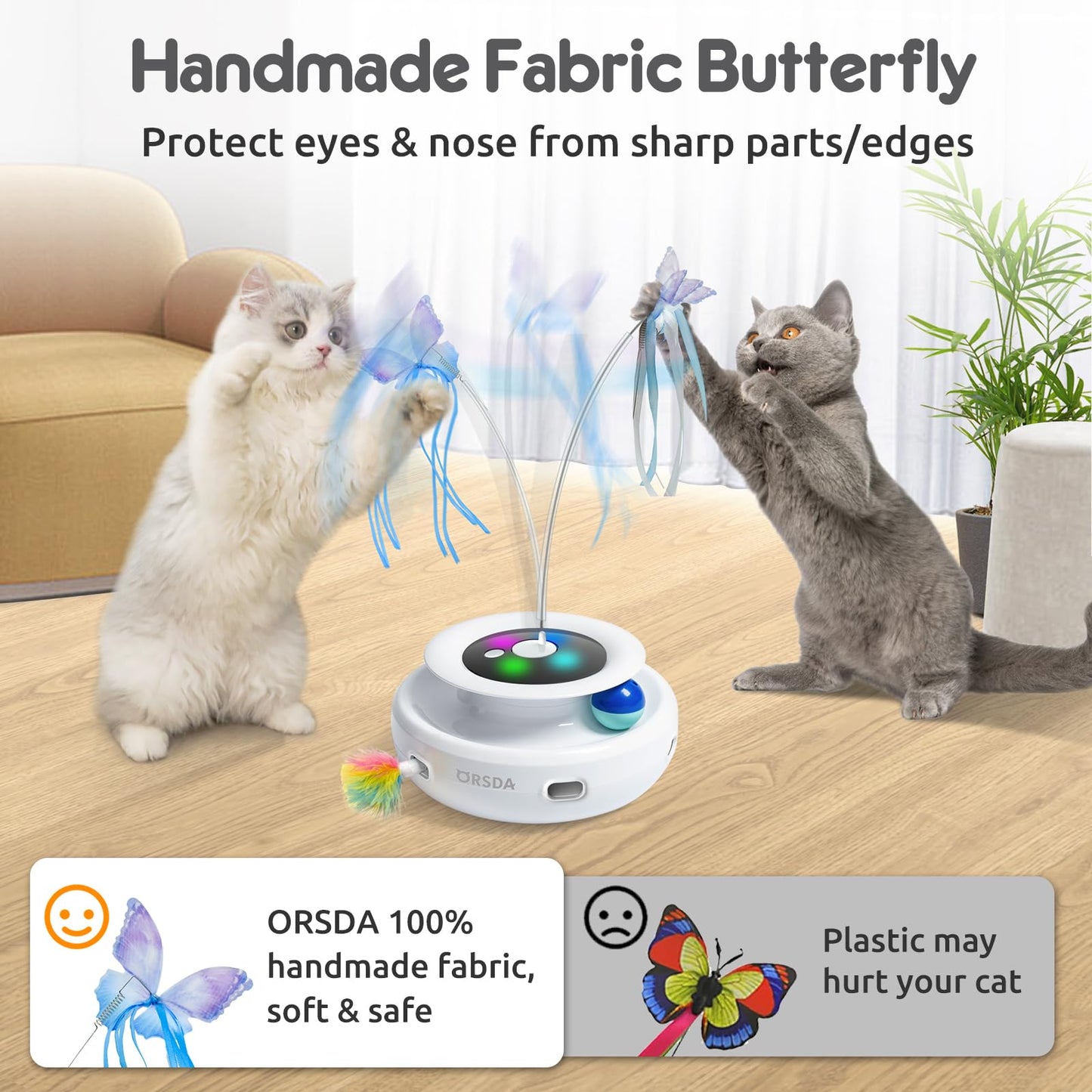 ORSDA Cat Toy, 3-in-1 Automatic Cat Toys for Indoor Cats, Electronic Whack a Mole, Fluttering Butterfly,Track Balls Kitten Toy, Rechargeable Power Interactive Feather Toys for All Breeds