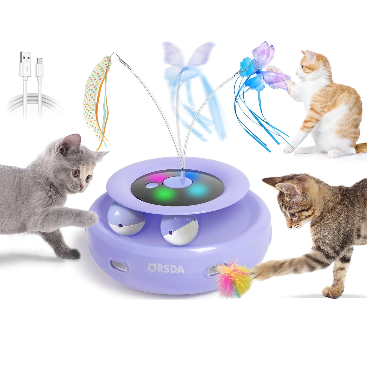 ORSDA Cat Toy, 3-in-1 Automatic Cat Toys for Indoor Cats, Electronic Whack a Mole, Fluttering Butterfly,Track Balls Kitten Toy, Rechargeable Power Interactive Feather Toys for All Breeds