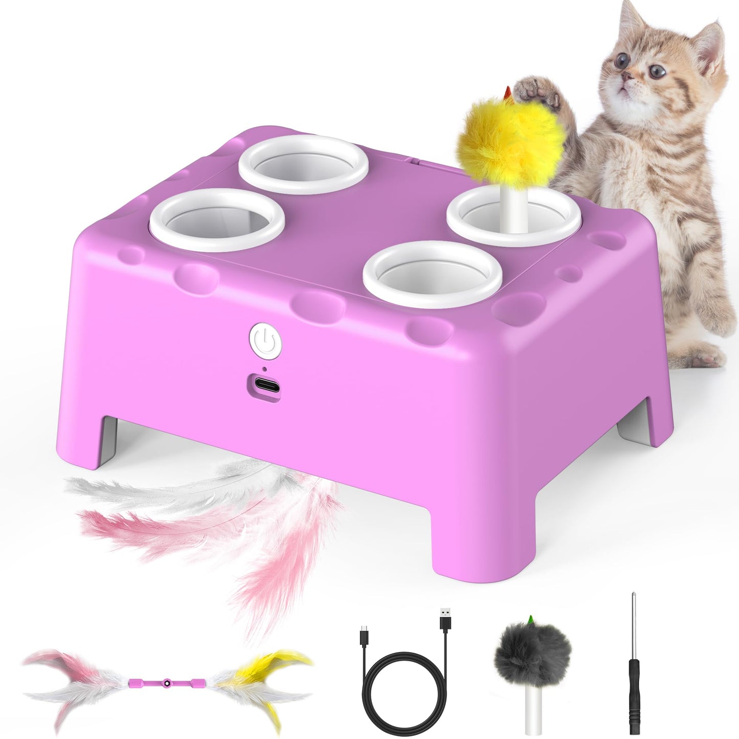 Interactive Cat Toys, 2-in-1 Automatic Cat Toy, 4 Holes Mice Whack A Mole Cat Mouse Toy with Moving Feather, Portable USB Rechargeable Electronic Kitten Toys White