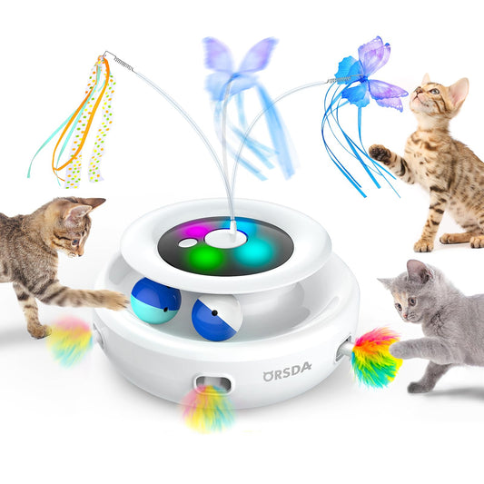 ORSDA Cat Toy, 3-in-1 Automatic Cat Toys for Indoor Cats, Electronic Whack a Mole, Fluttering Butterfly,Track Balls Kitten Toy, Rechargeable Power Interactive Feather Toys for All Breeds