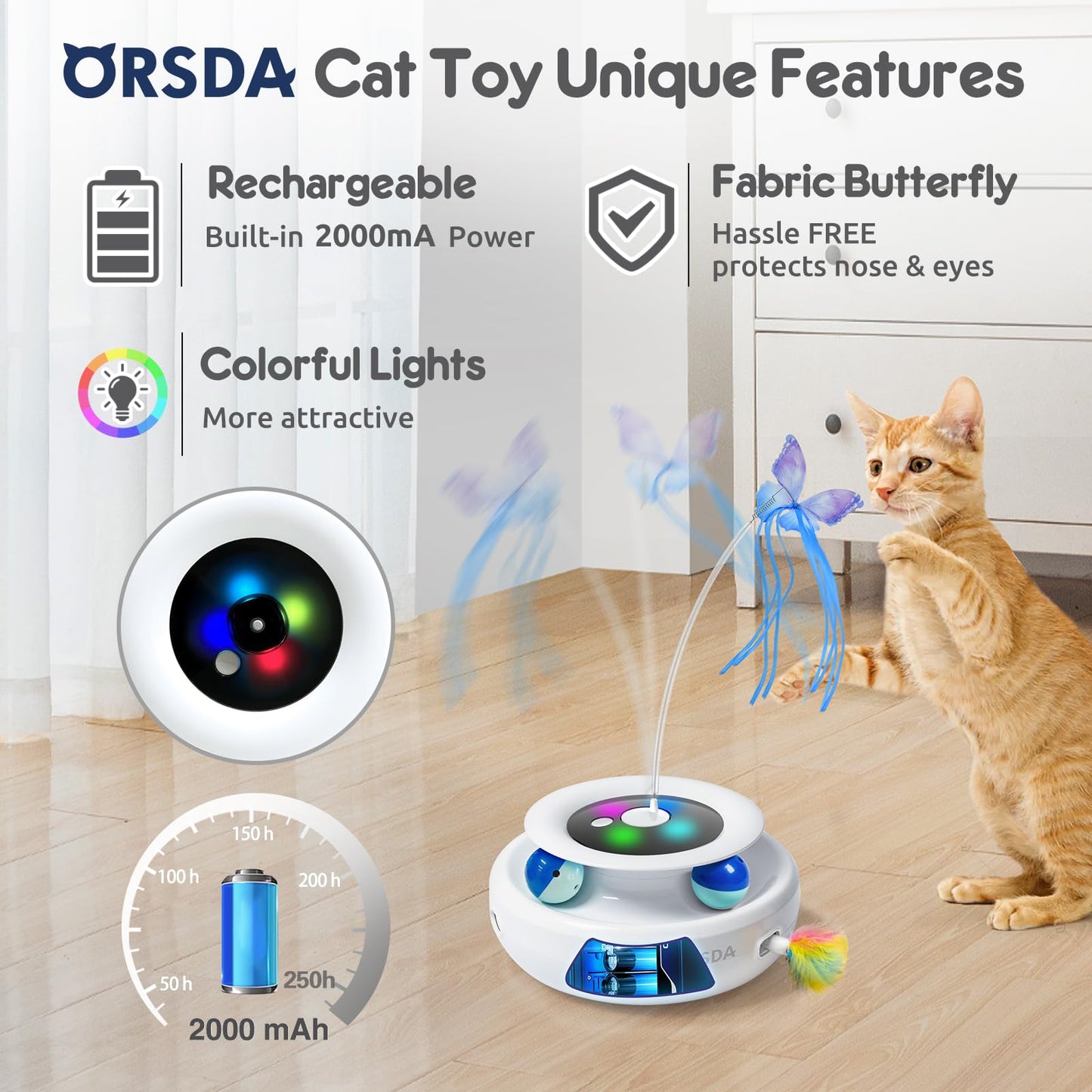 ORSDA Cat Toy, 3-in-1 Automatic Cat Toys for Indoor Cats, Electronic Whack a Mole, Fluttering Butterfly,Track Balls Kitten Toy, Rechargeable Power Interactive Feather Toys for All Breeds