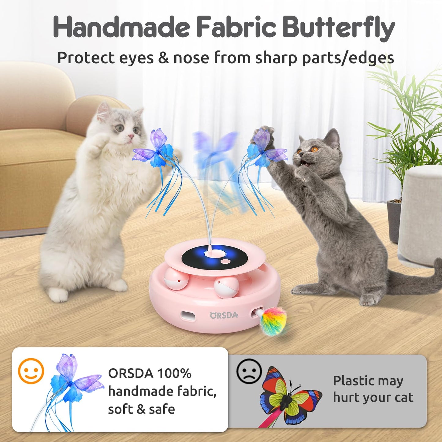 ORSDA Cat Toy, 3-in-1 Automatic Cat Toys for Indoor Cats, Electronic Whack a Mole, Fluttering Butterfly,Track Balls Kitten Toy, Rechargeable Power Interactive Feather Toys for All Breeds