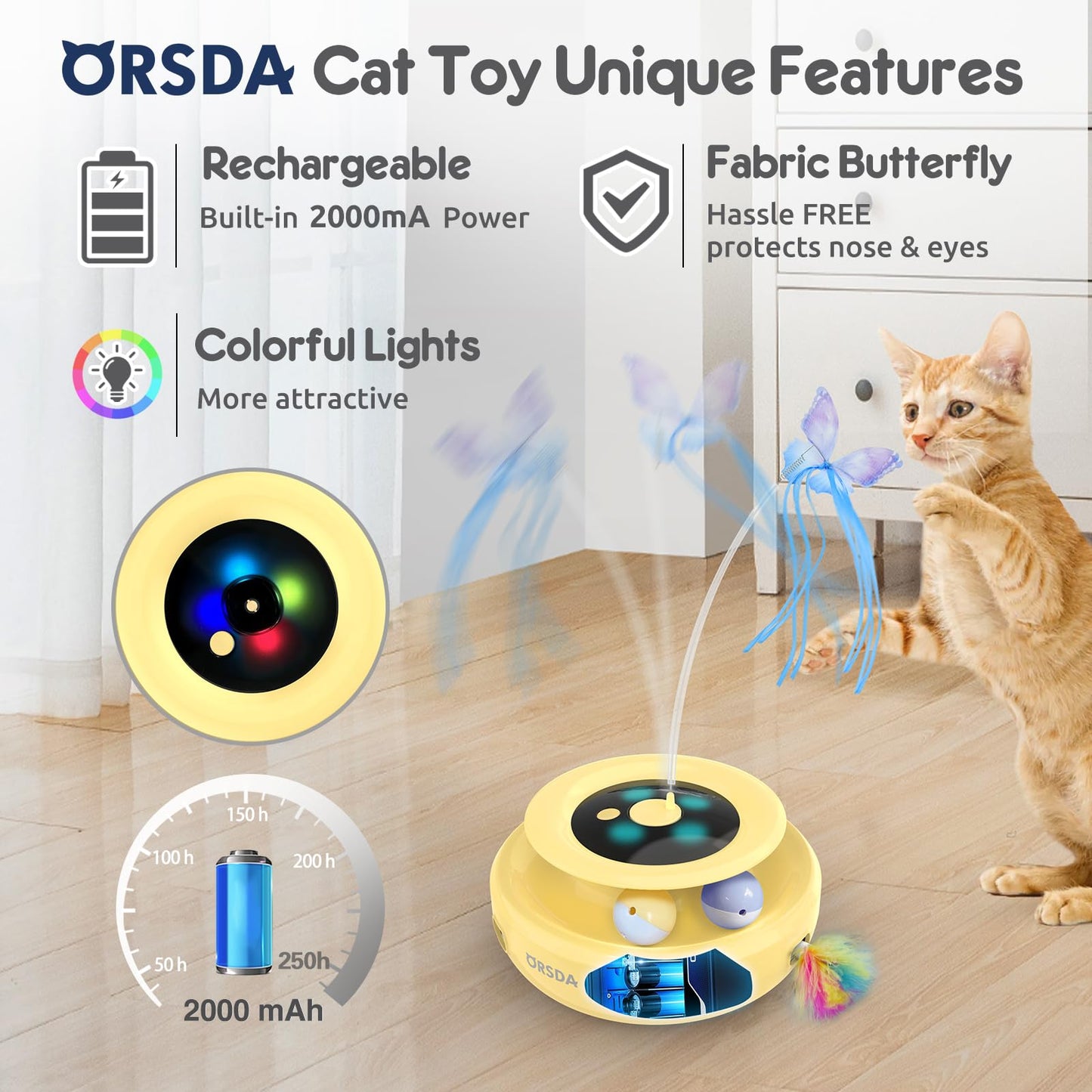 ORSDA Cat Toy, 3-in-1 Automatic Cat Toys for Indoor Cats, Electronic Whack a Mole, Fluttering Butterfly,Track Balls Kitten Toy, Rechargeable Power Interactive Feather Toys for All Breeds