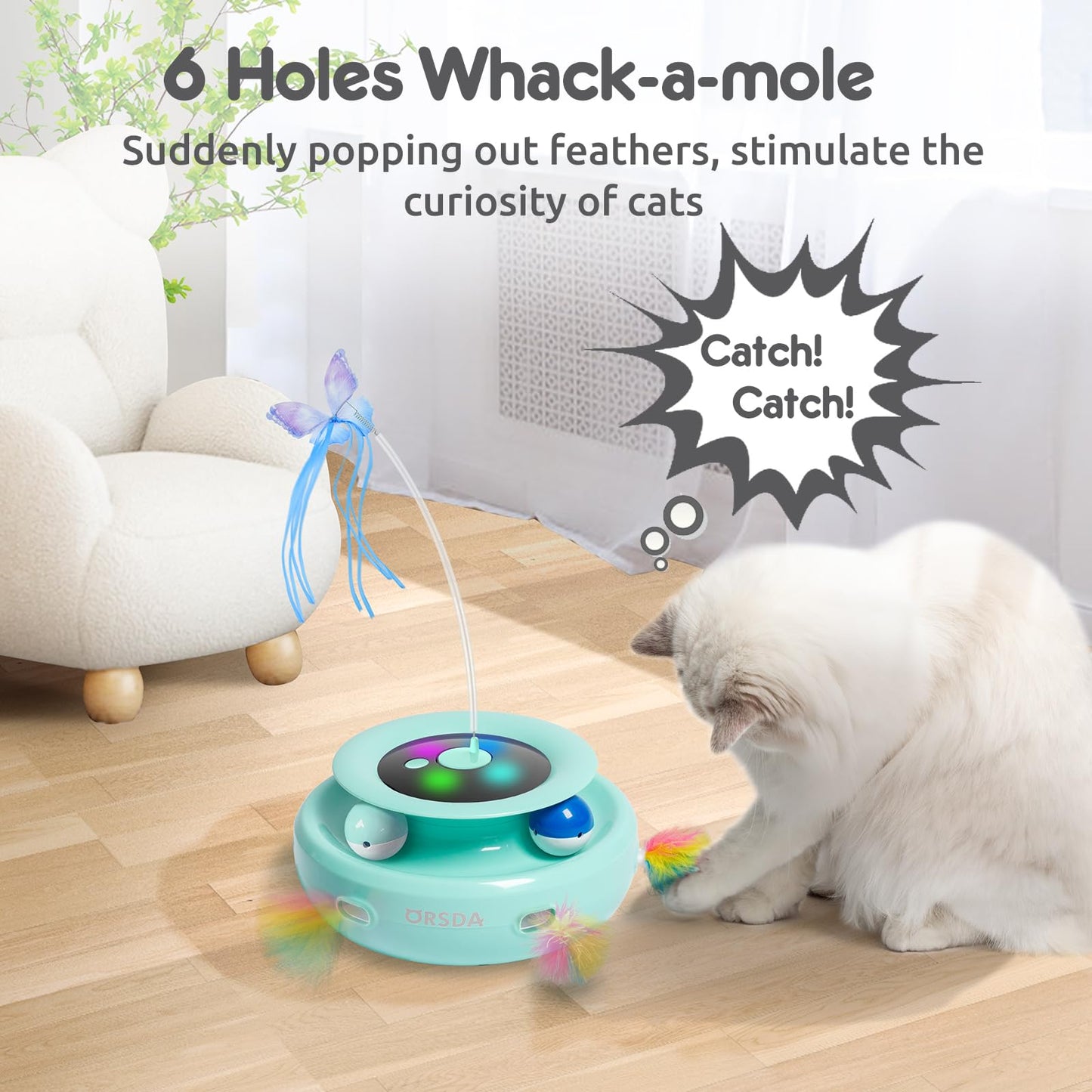 ORSDA Cat Toy, 3-in-1 Automatic Cat Toys for Indoor Cats, Electronic Whack a Mole, Fluttering Butterfly,Track Balls Kitten Toy, Rechargeable Power Interactive Feather Toys for All Breeds