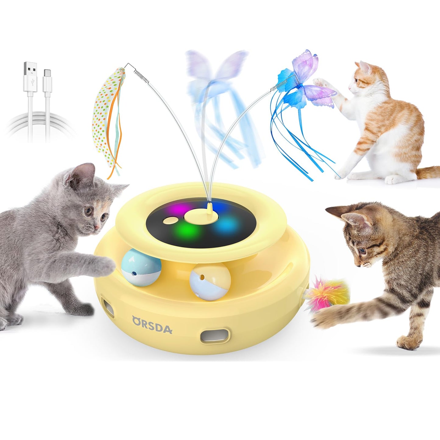 ORSDA Cat Toy, 3-in-1 Automatic Cat Toys for Indoor Cats, Electronic Whack a Mole, Fluttering Butterfly,Track Balls Kitten Toy, Rechargeable Power Interactive Feather Toys for All Breeds