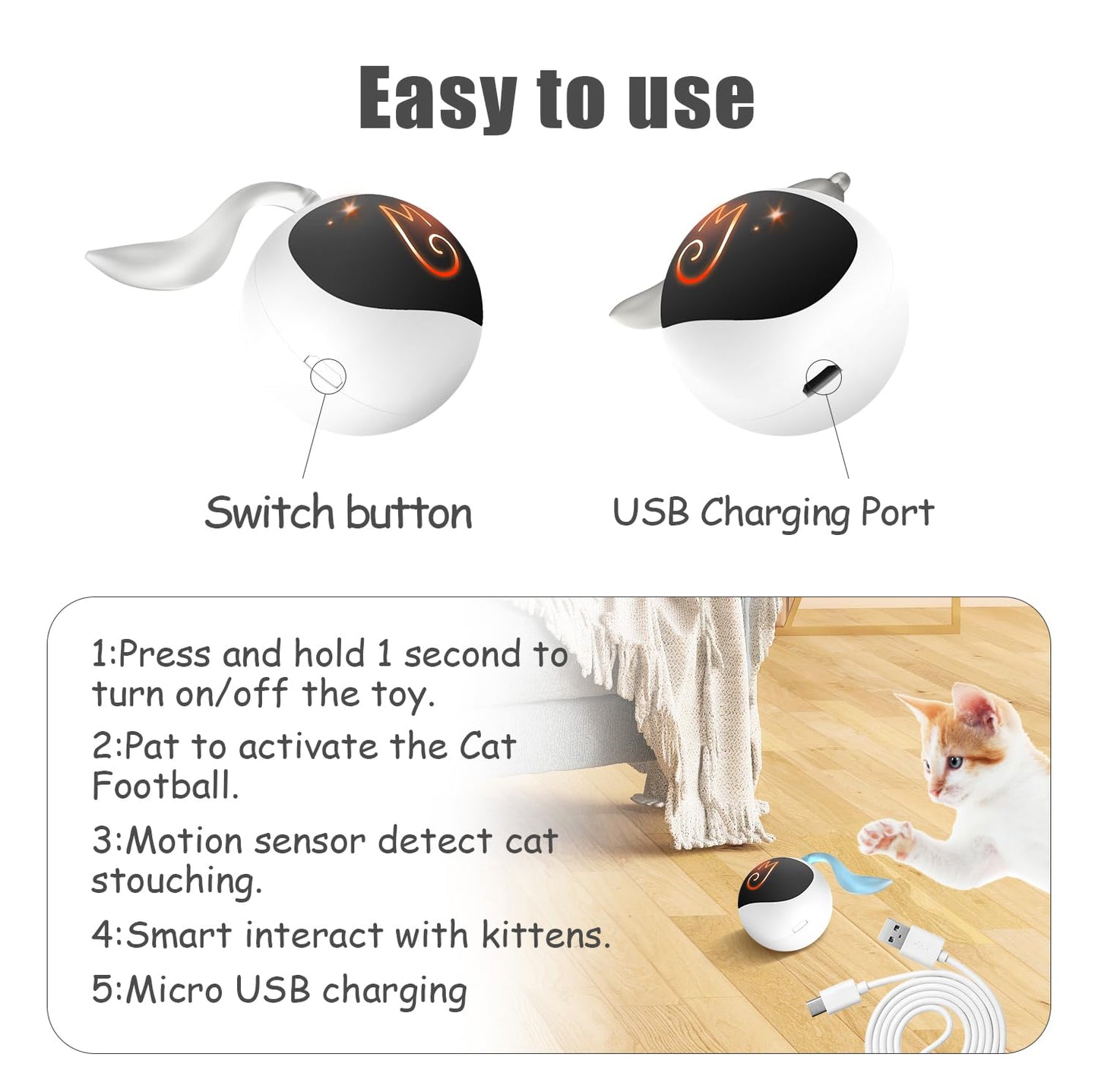 Migipaws Interactive Cat Ball Toy Set, Fun Tracker, Automatic Rolling Chase Ball with Fluffy Tail, A Small Mice, Rechargeable（White）