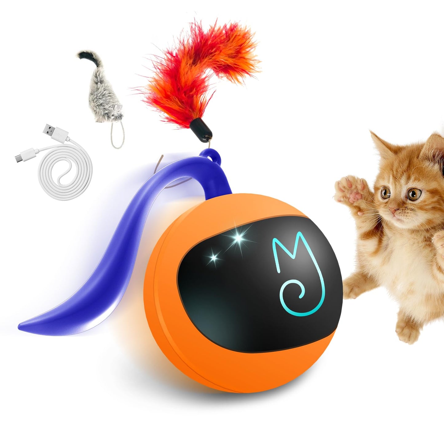 Migipaws Interactive Cat Ball Toy Set, Fun Tracker, Automatic Rolling Chase Ball with Fluffy Tail, A Small Mice, Rechargeable（White）