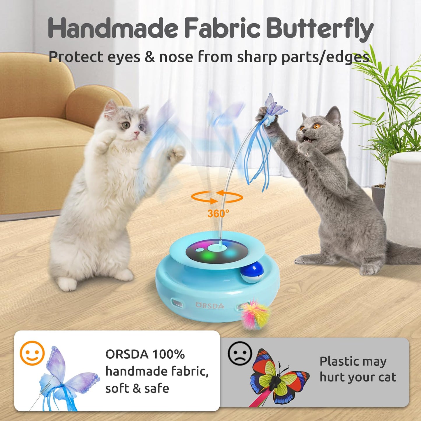 ORSDA Cat Toy, 3-in-1 Automatic Cat Toys for Indoor Cats, Electronic Whack a Mole, Fluttering Butterfly,Track Balls Kitten Toy, Rechargeable Power Interactive Feather Toys for All Breeds