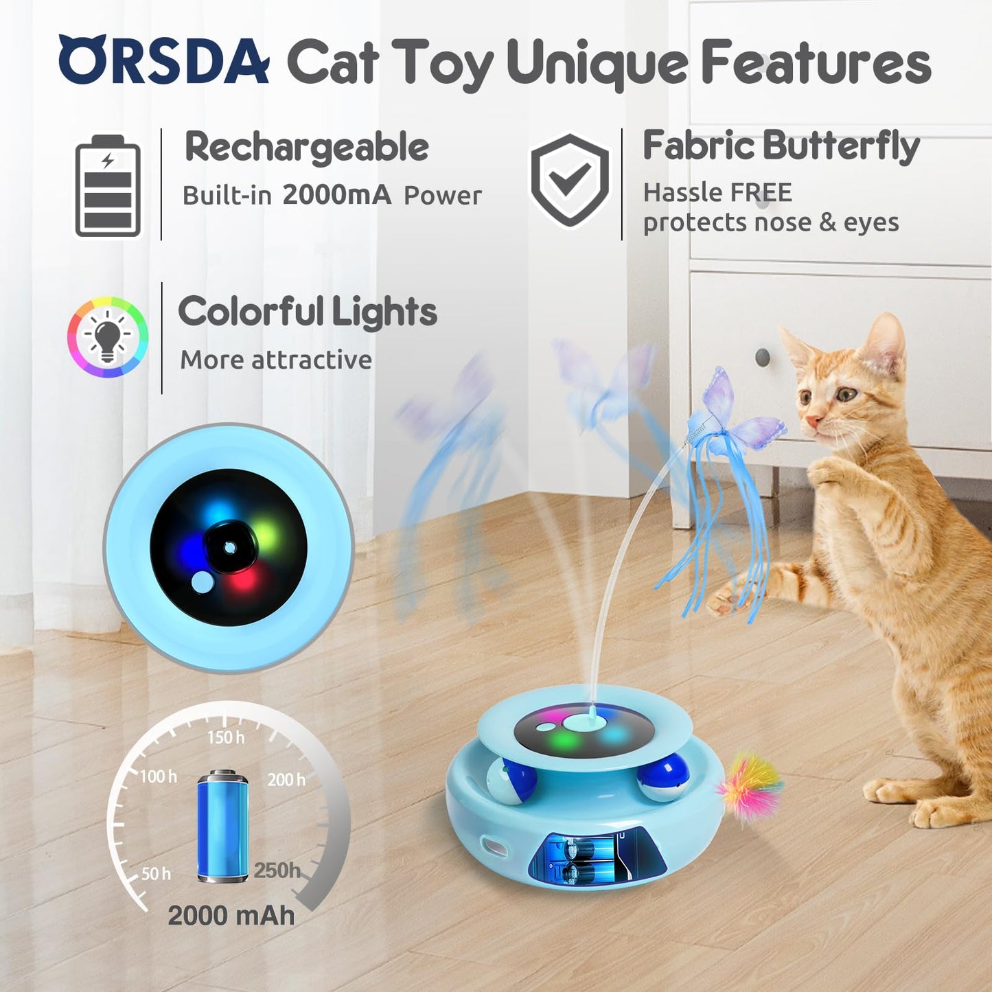 ORSDA Cat Toy, 3-in-1 Automatic Cat Toys for Indoor Cats, Electronic Whack a Mole, Fluttering Butterfly,Track Balls Kitten Toy, Rechargeable Power Interactive Feather Toys for All Breeds