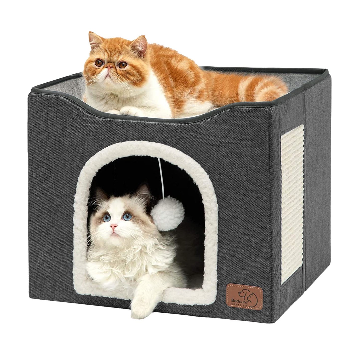 Bedsure Cat Beds for Indoor Cats - Large Cat Cave for Pet Cat House with Fluffy Ball Hanging and Scratch Pad, Foldable Cat Hideaway,16.5x16.5x13 inches, Grey