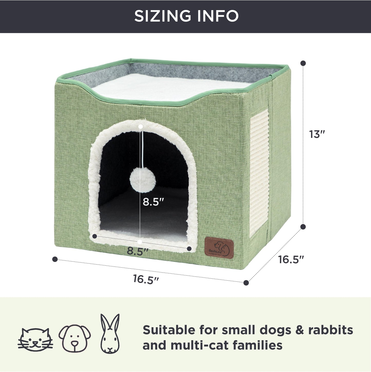 Bedsure Cat Beds for Indoor Cats - Large Cat Cave for Pet Cat House with Fluffy Ball Hanging and Scratch Pad, Foldable Cat Hideaway,16.5x16.5x13 inches, Grey