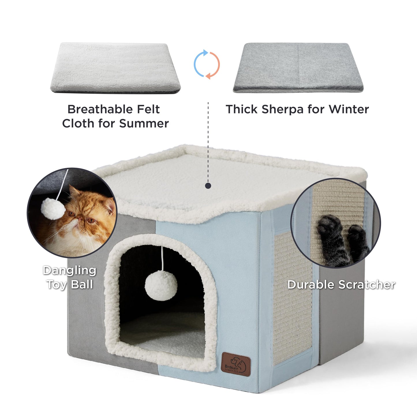 Bedsure Cat Beds for Indoor Cats - Large Cat Cave for Pet Cat House with Fluffy Ball Hanging and Scratch Pad, Foldable Cat Hideaway,16.5x16.5x13 inches, Grey