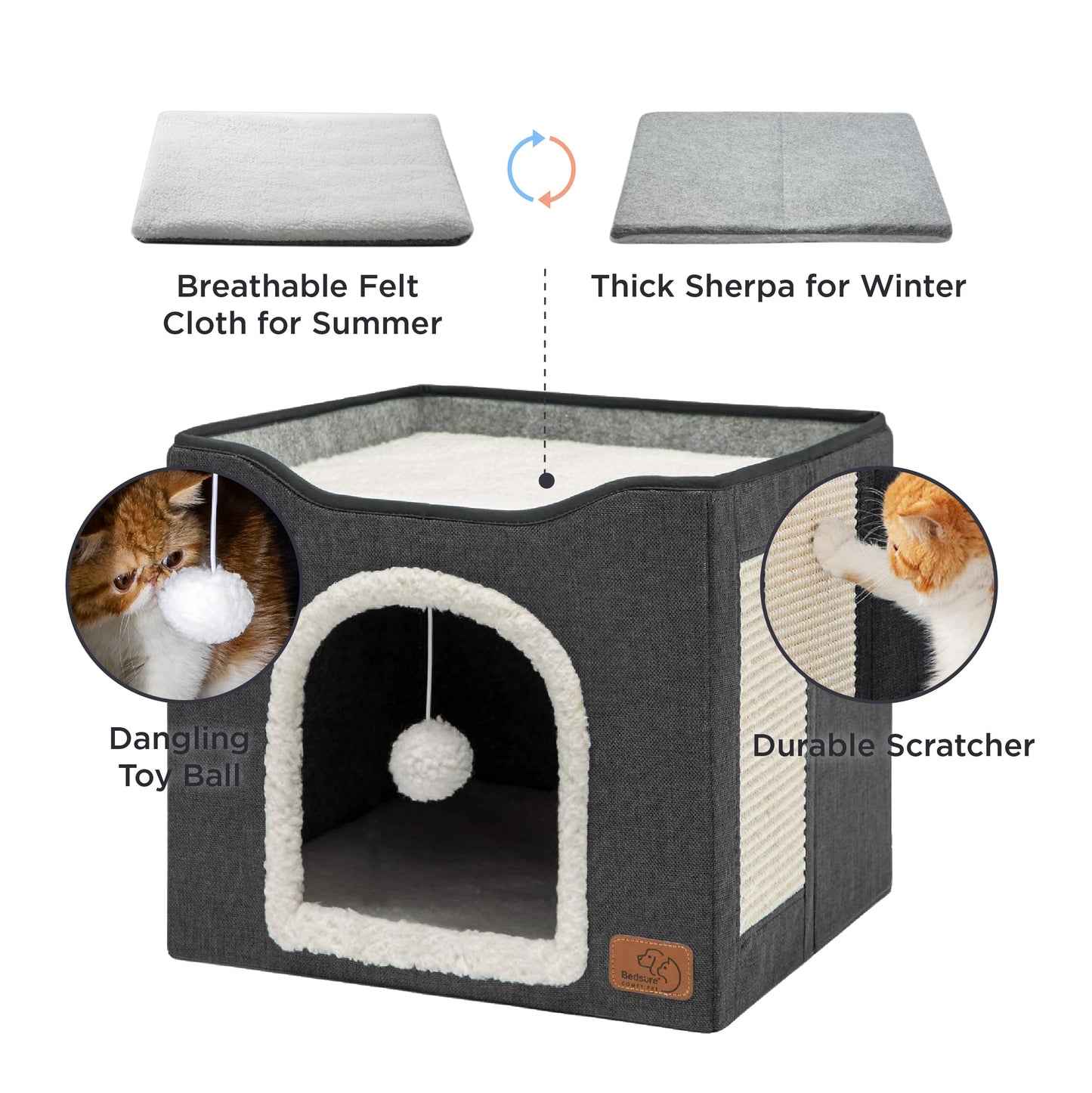 Bedsure Cat Beds for Indoor Cats - Large Cat Cave for Pet Cat House with Fluffy Ball Hanging and Scratch Pad, Foldable Cat Hideaway,16.5x16.5x13 inches, Grey