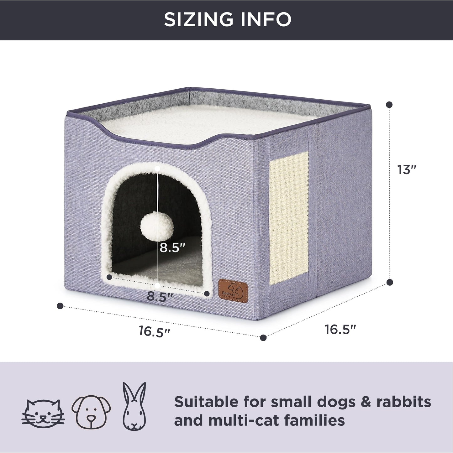 Bedsure Cat Beds for Indoor Cats - Large Cat Cave for Pet Cat House with Fluffy Ball Hanging and Scratch Pad, Foldable Cat Hideaway,16.5x16.5x13 inches, Grey