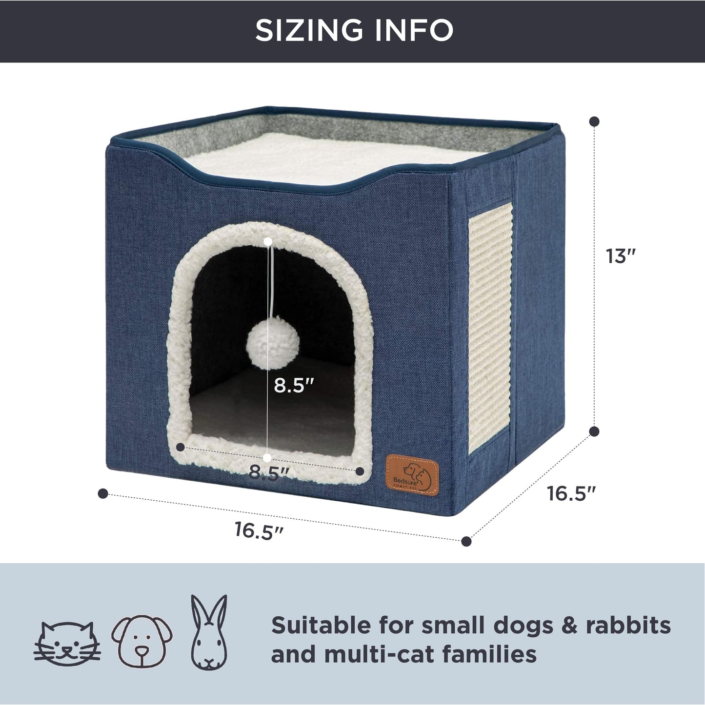 Bedsure Cat Beds for Indoor Cats - Large Cat Cave for Pet Cat House with Fluffy Ball Hanging and Scratch Pad, Foldable Cat Hideaway,16.5x16.5x13 inches, Grey