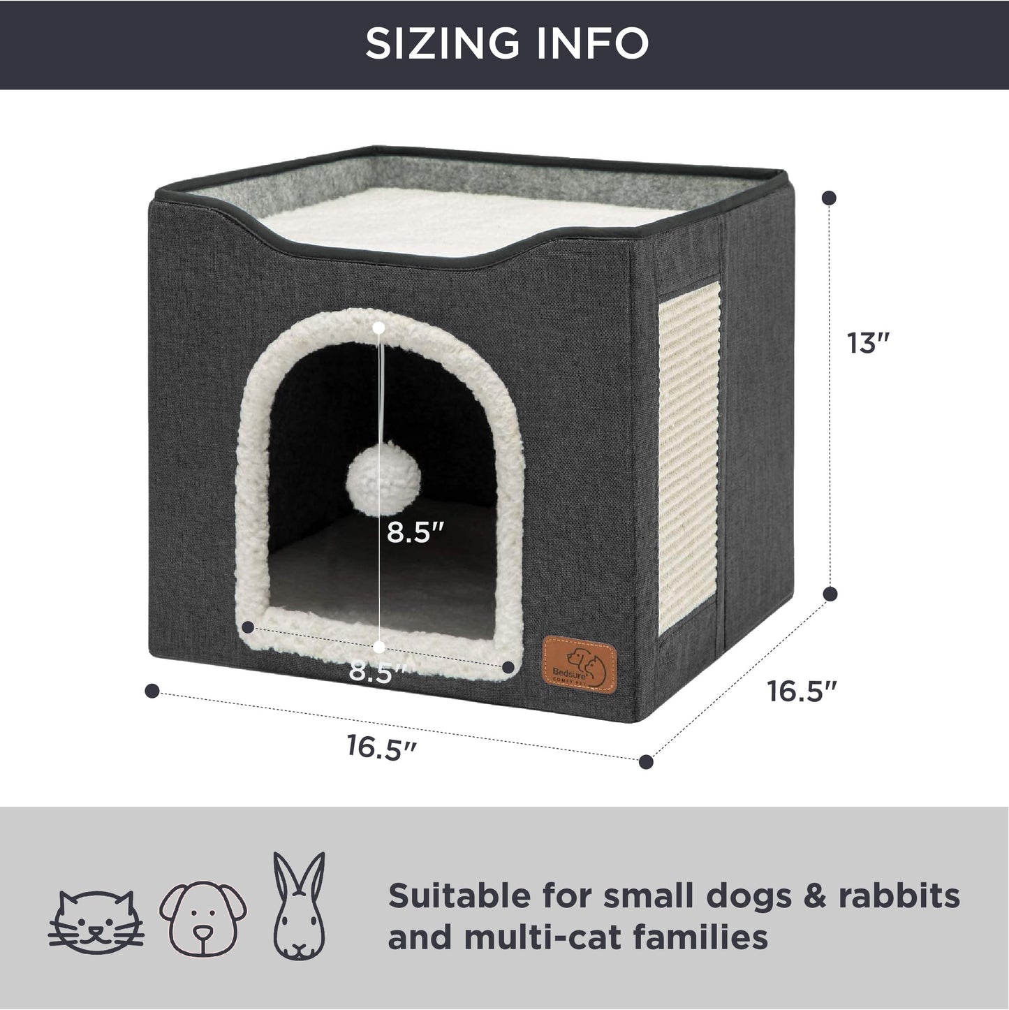 Bedsure Cat Beds for Indoor Cats - Large Cat Cave for Pet Cat House with Fluffy Ball Hanging and Scratch Pad, Foldable Cat Hideaway,16.5x16.5x13 inches, Grey