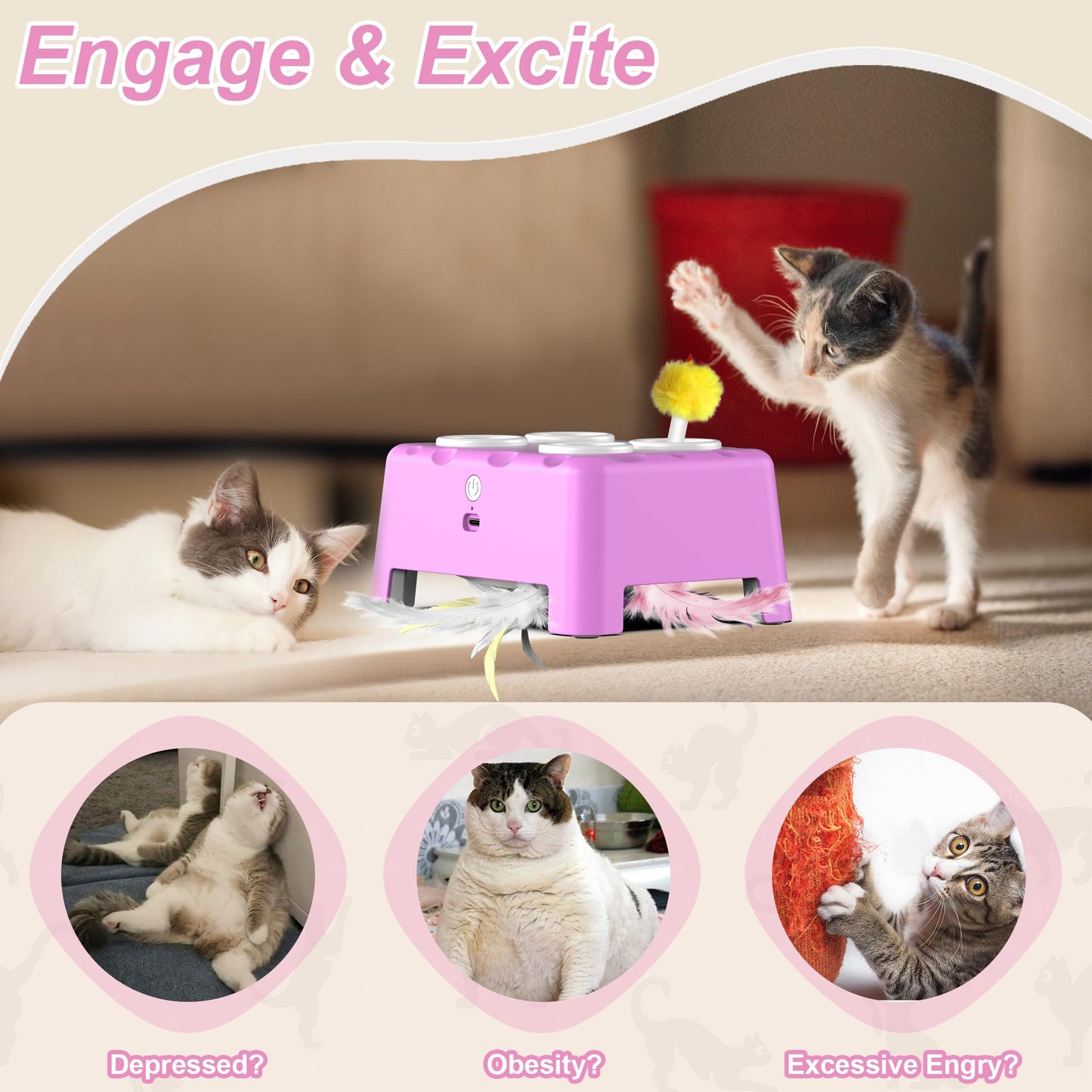 Interactive Cat Toys, 2-in-1 Automatic Cat Toy, 4 Holes Mice Whack A Mole Cat Mouse Toy with Moving Feather, Portable USB Rechargeable Electronic Kitten Toys White