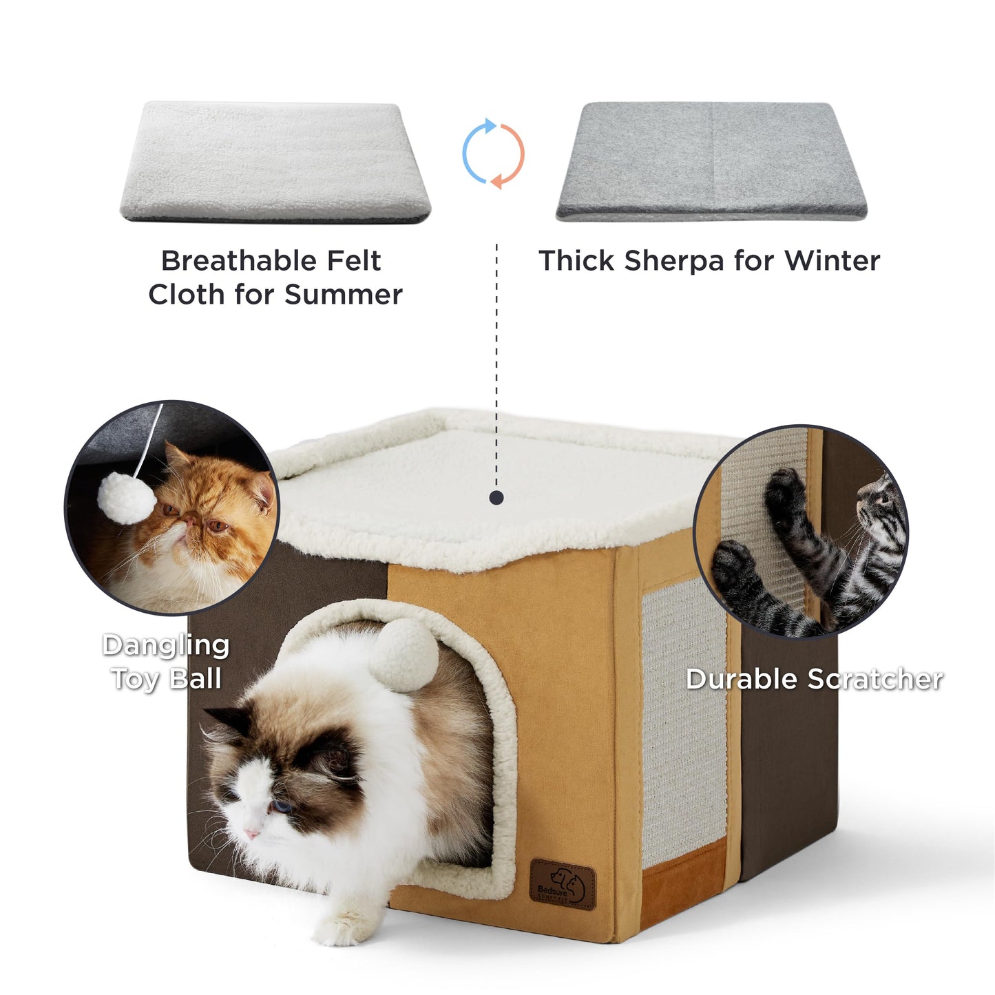 Bedsure Cat Beds for Indoor Cats - Large Cat Cave for Pet Cat House with Fluffy Ball Hanging and Scratch Pad, Foldable Cat Hideaway,16.5x16.5x13 inches, Grey