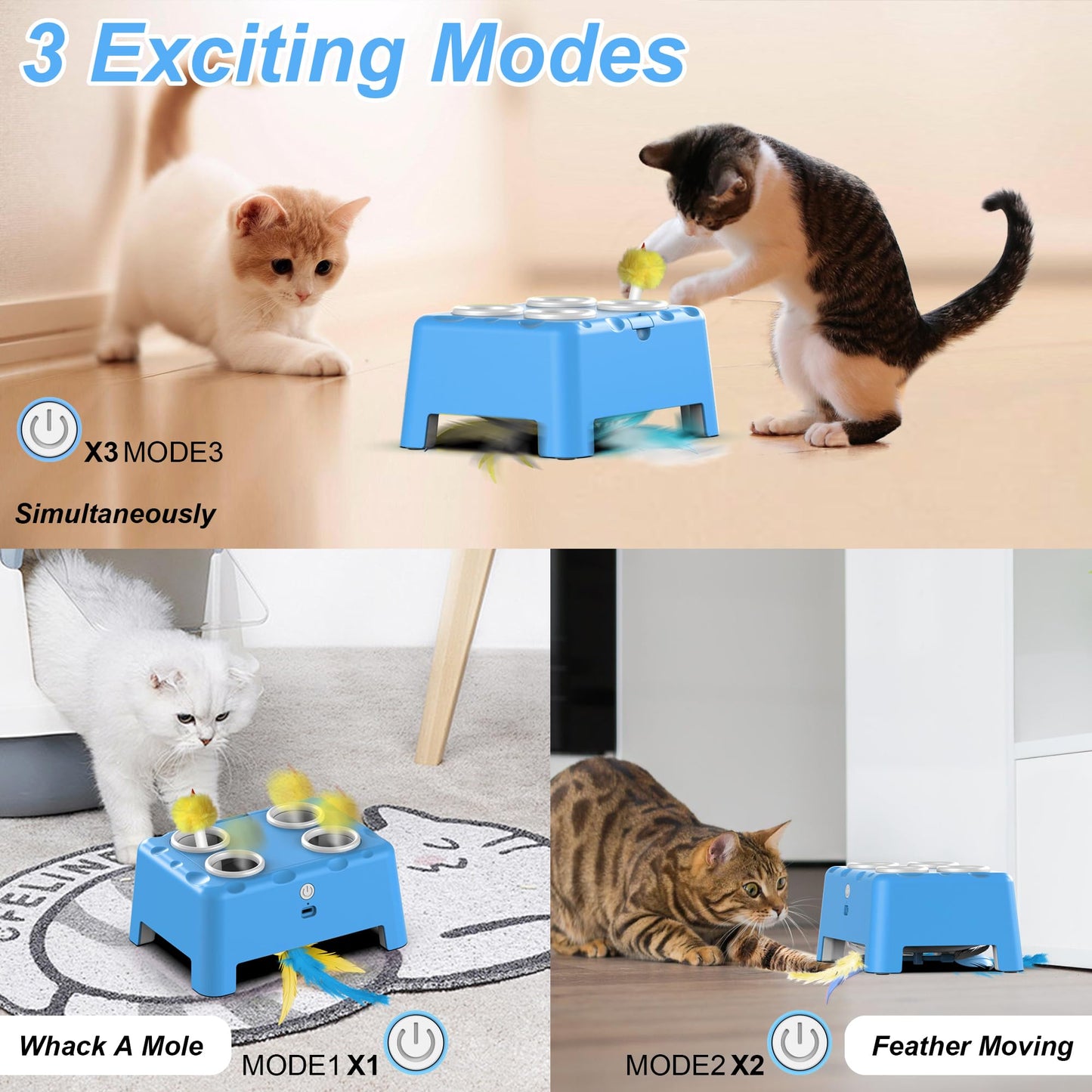 Interactive Cat Toys, 2-in-1 Automatic Cat Toy, 4 Holes Mice Whack A Mole Cat Mouse Toy with Moving Feather, Portable USB Rechargeable Electronic Kitten Toys White