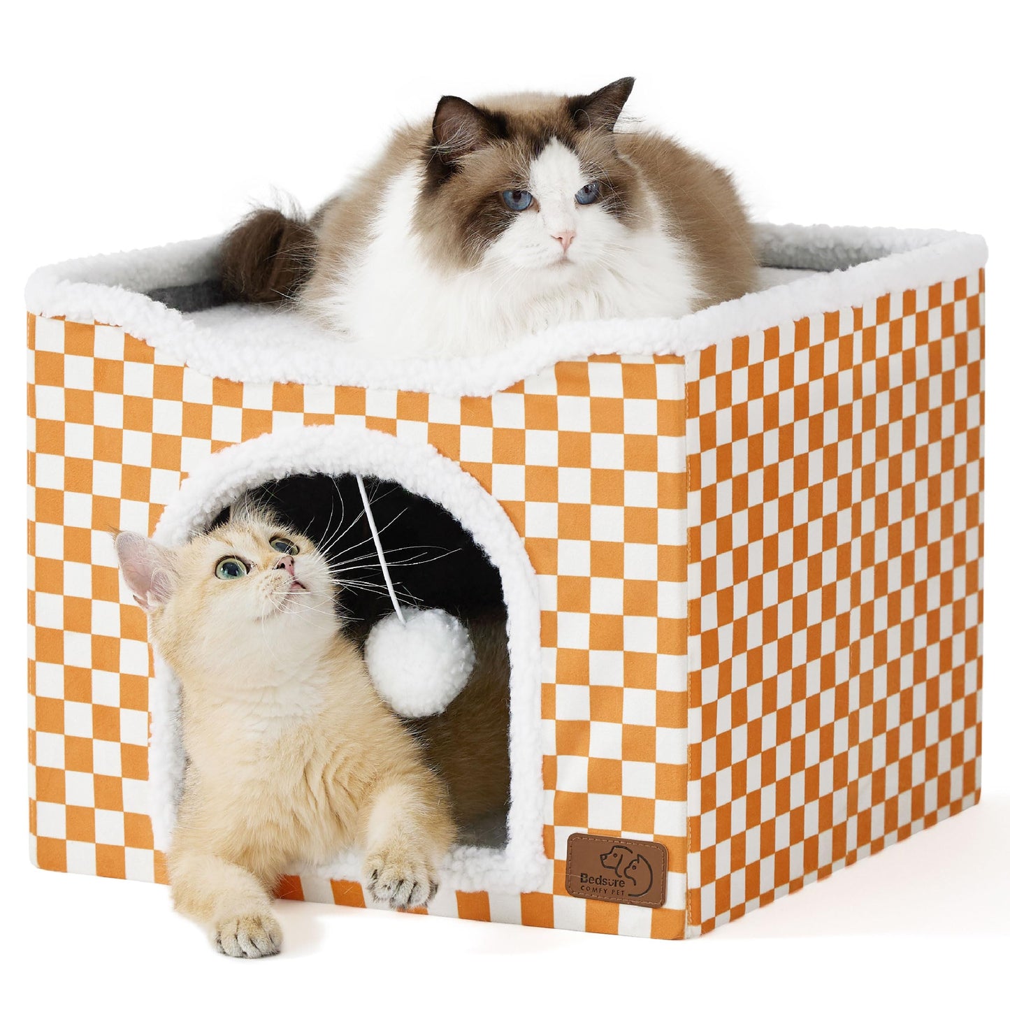 Bedsure Cat Beds for Indoor Cats - Large Cat Cave for Pet Cat House with Fluffy Ball Hanging and Scratch Pad, Foldable Cat Hideaway,16.5x16.5x13 inches, Grey