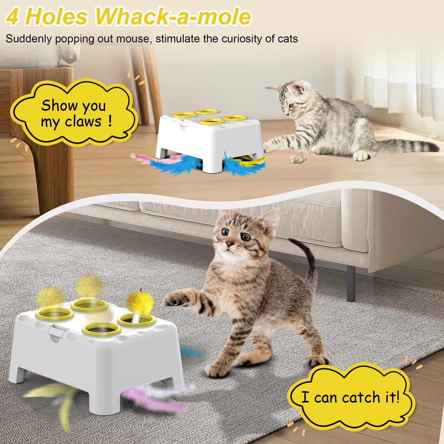 Interactive Cat Toys, 2-in-1 Automatic Cat Toy, 4 Holes Mice Whack A Mole Cat Mouse Toy with Moving Feather, Portable USB Rechargeable Electronic Kitten Toys White