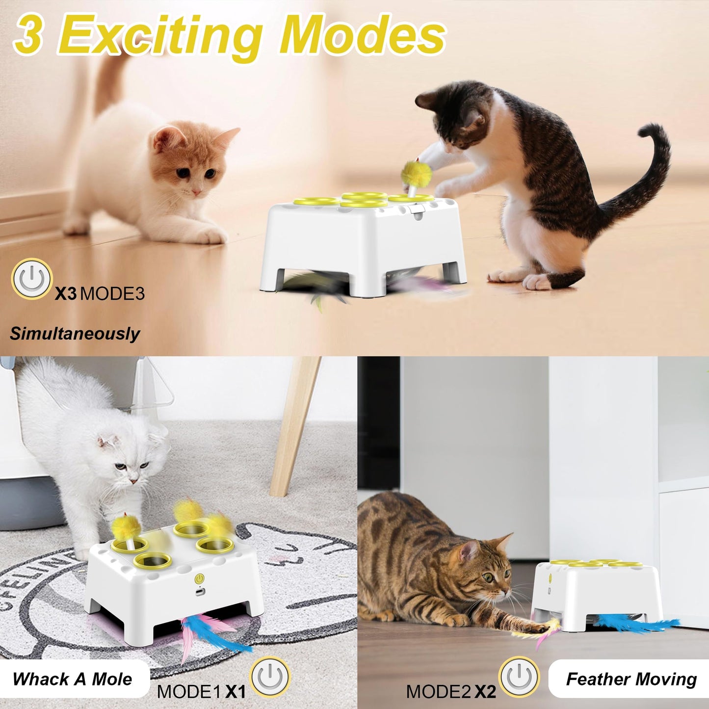 Interactive Cat Toys, 2-in-1 Automatic Cat Toy, 4 Holes Mice Whack A Mole Cat Mouse Toy with Moving Feather, Portable USB Rechargeable Electronic Kitten Toys White