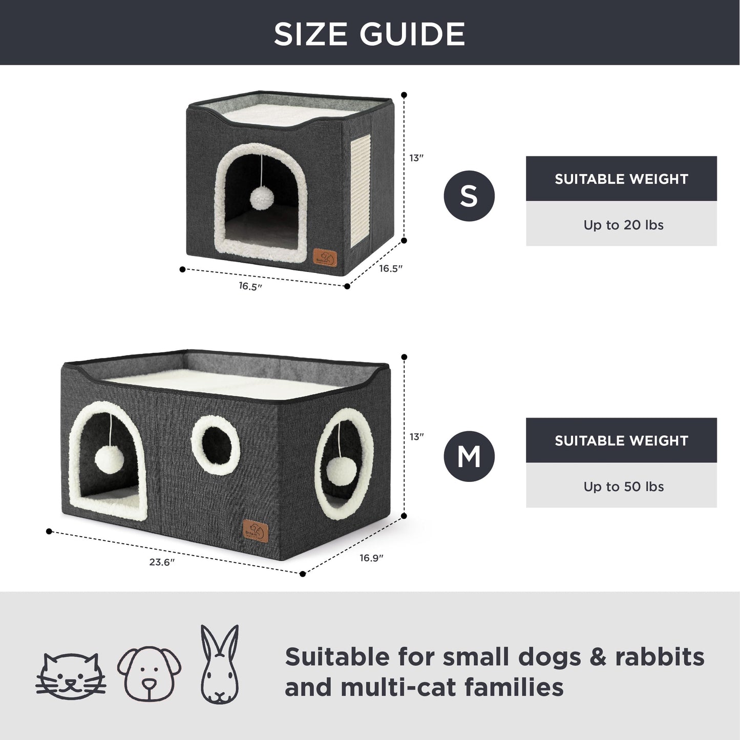 Bedsure Cat Beds for Indoor Cats - Large Cat Cave for Pet Cat House with Fluffy Ball Hanging and Scratch Pad, Foldable Cat Hideaway,16.5x16.5x13 inches, Grey