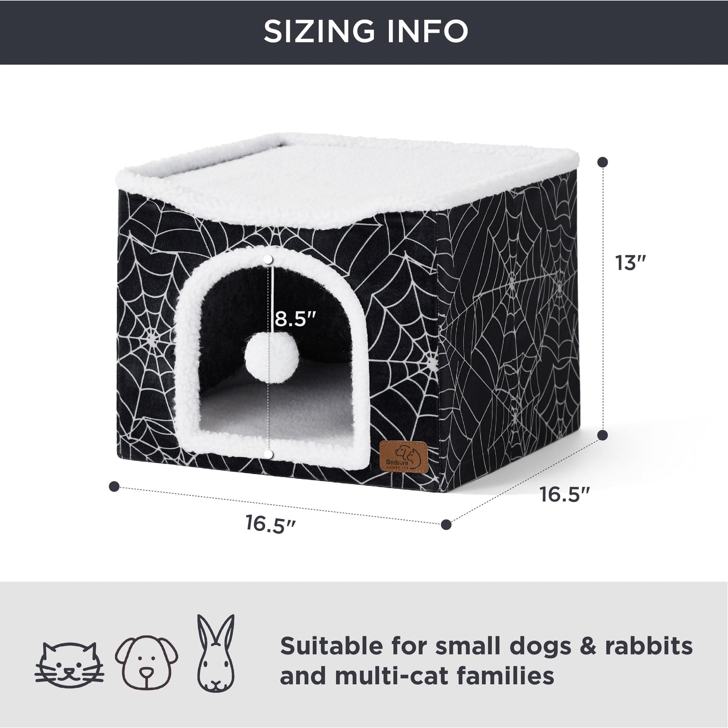 Bedsure Cat Beds for Indoor Cats - Large Cat Cave for Pet Cat House with Fluffy Ball Hanging and Scratch Pad, Foldable Cat Hideaway,16.5x16.5x13 inches, Grey