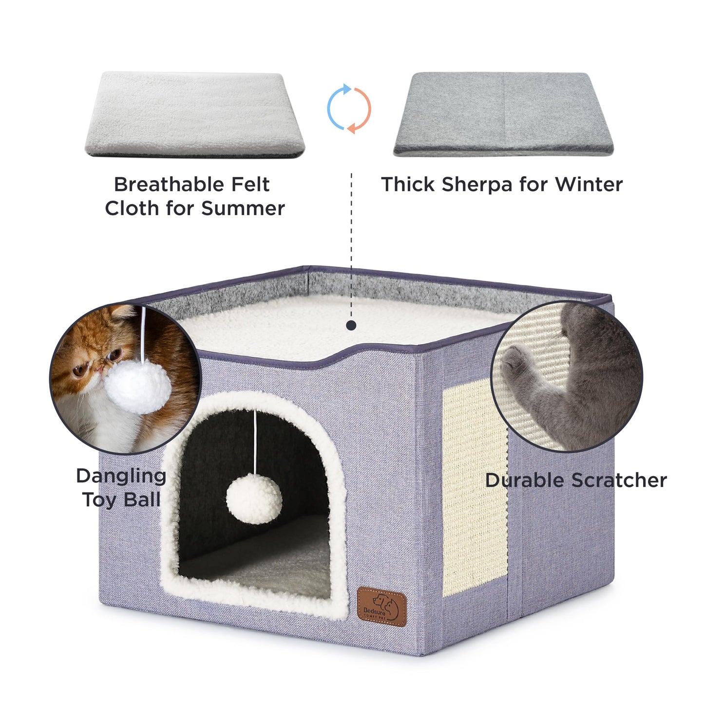 Bedsure Cat Beds for Indoor Cats - Large Cat Cave for Pet Cat House with Fluffy Ball Hanging and Scratch Pad, Foldable Cat Hideaway,16.5x16.5x13 inches, Grey