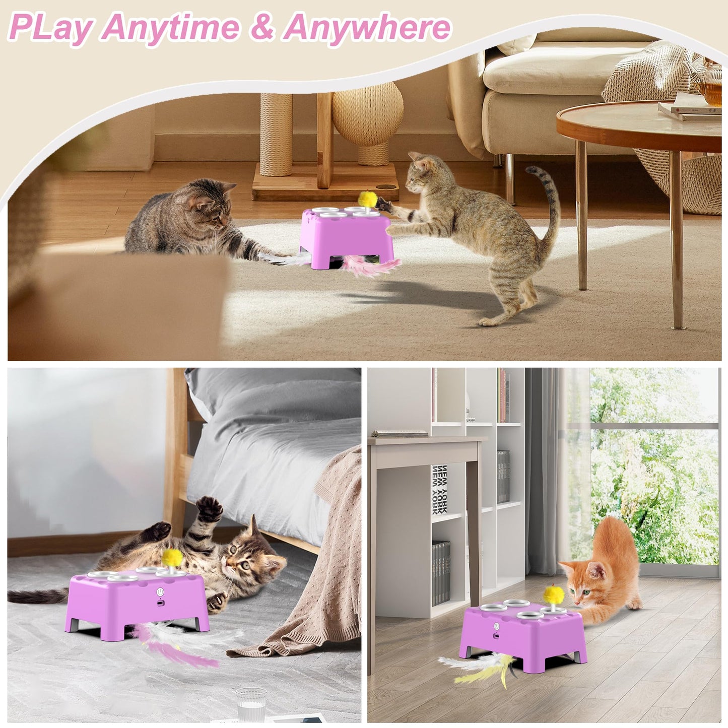 Interactive Cat Toys, 2-in-1 Automatic Cat Toy, 4 Holes Mice Whack A Mole Cat Mouse Toy with Moving Feather, Portable USB Rechargeable Electronic Kitten Toys White