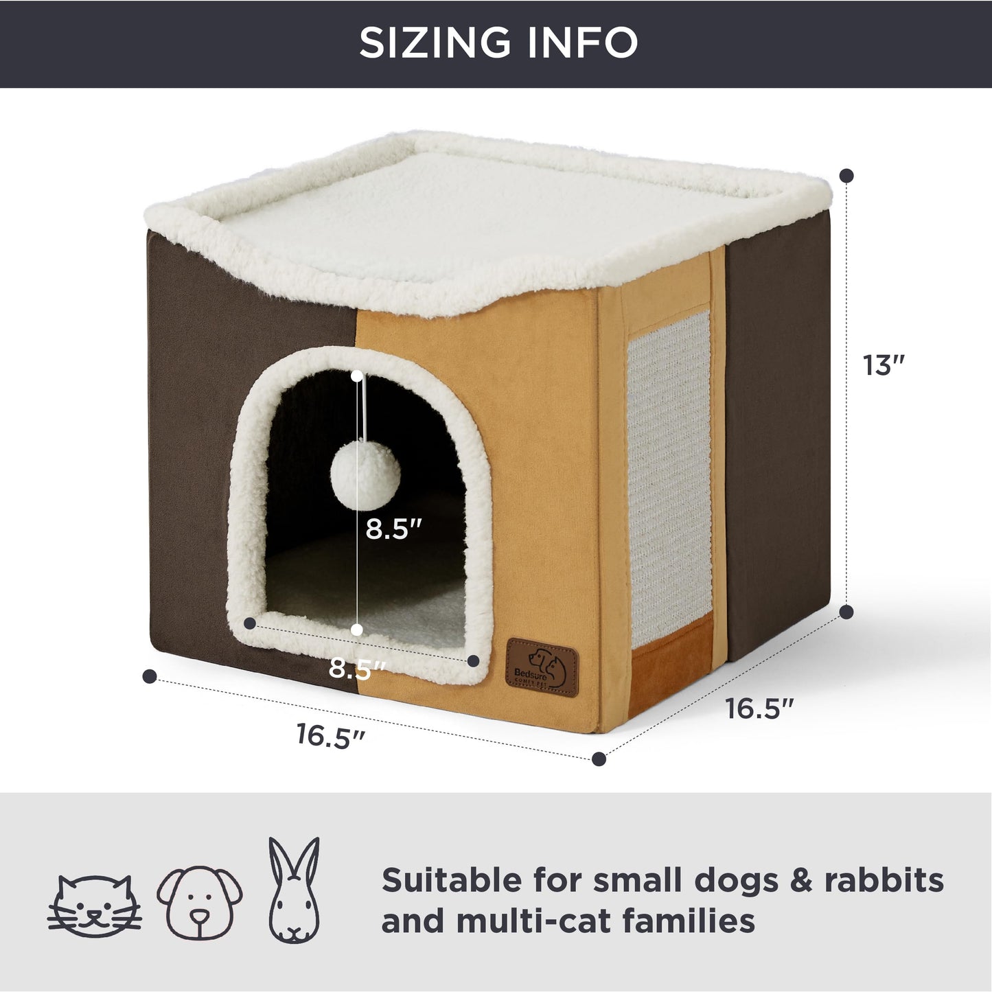 Bedsure Cat Beds for Indoor Cats - Large Cat Cave for Pet Cat House with Fluffy Ball Hanging and Scratch Pad, Foldable Cat Hideaway,16.5x16.5x13 inches, Grey