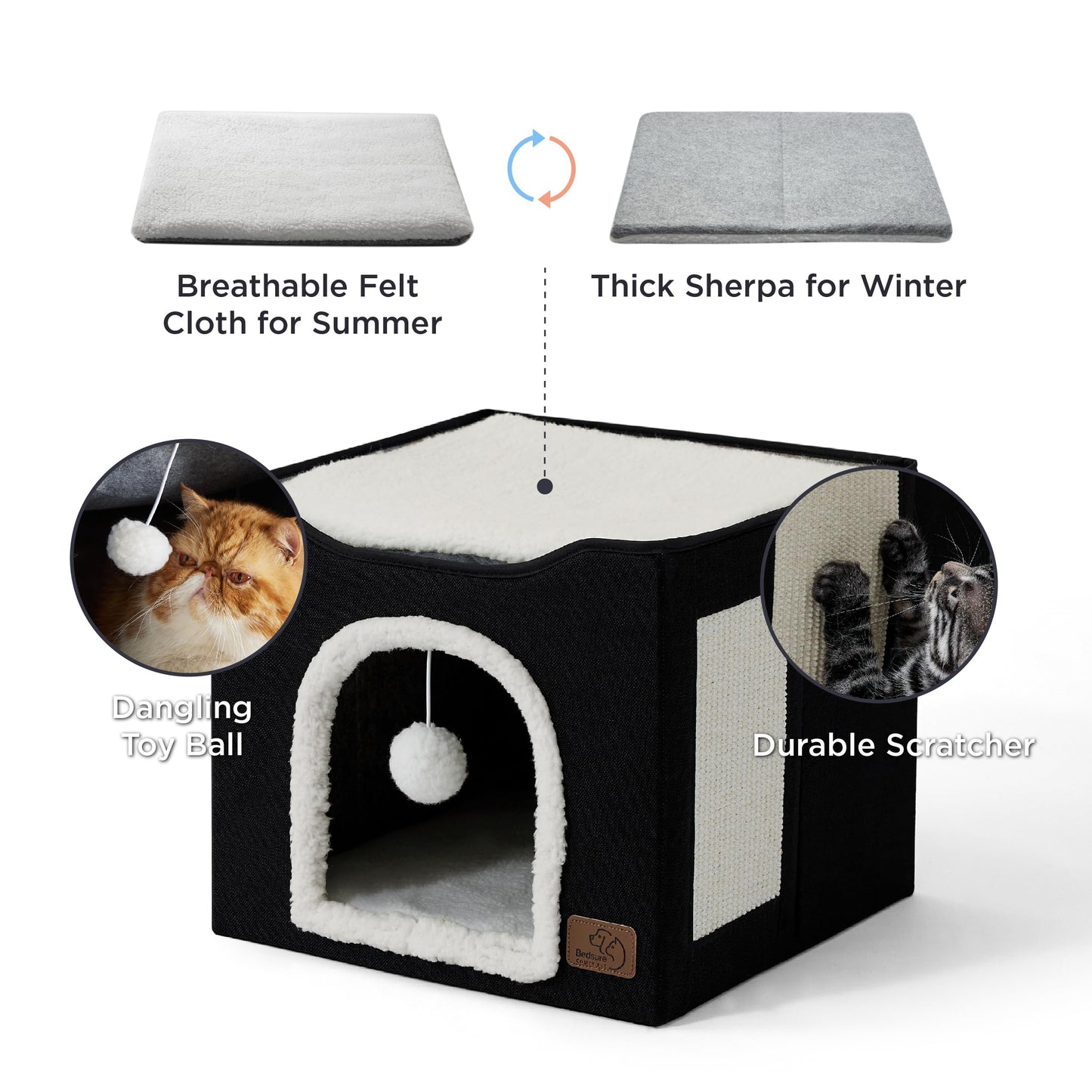 Bedsure Cat Beds for Indoor Cats - Large Cat Cave for Pet Cat House with Fluffy Ball Hanging and Scratch Pad, Foldable Cat Hideaway,16.5x16.5x13 inches, Grey